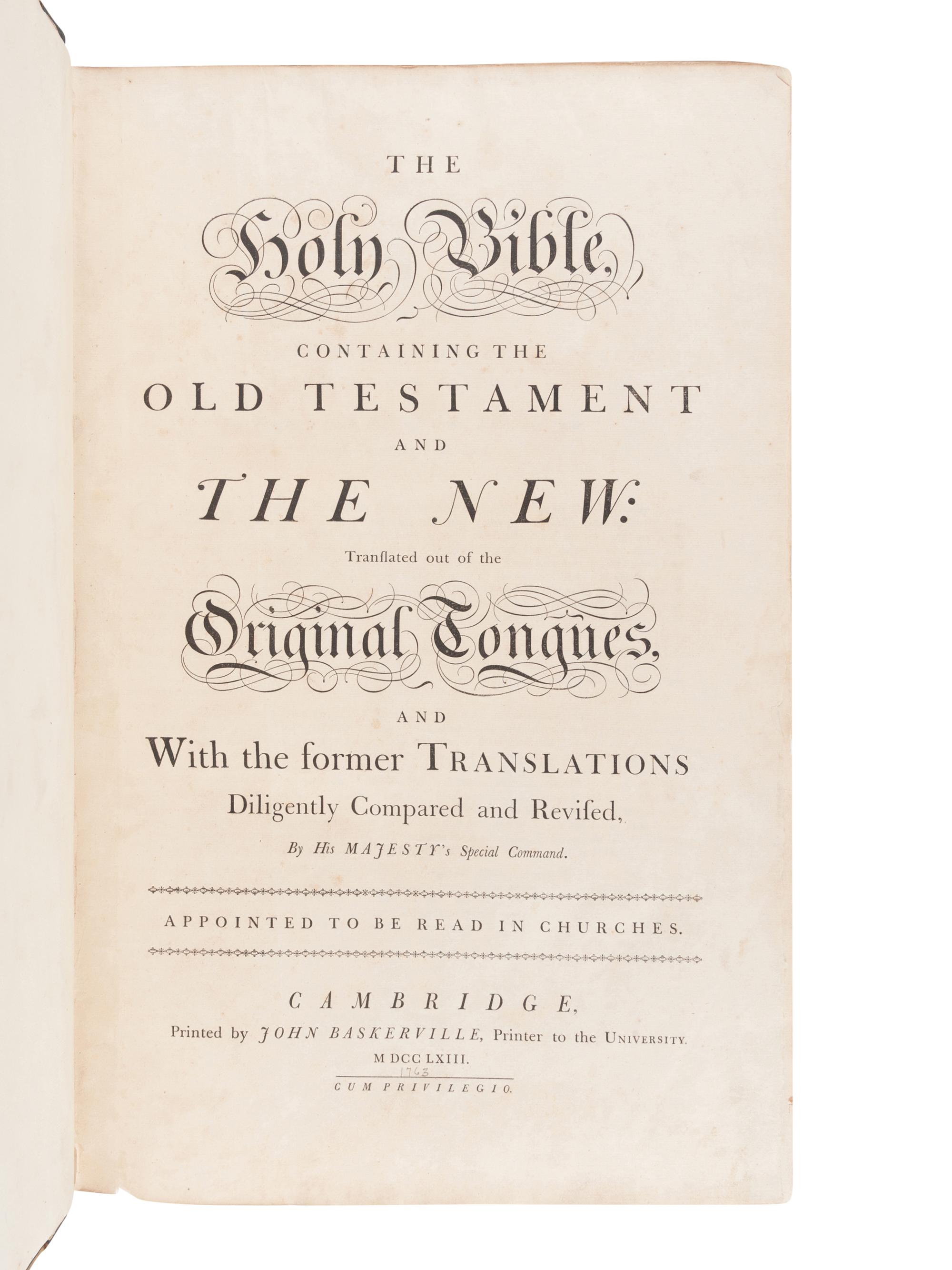 [BIBLE, in English]. The Holy Bible, containing the Old Testament and the New … Cambridge: John Baskerville, 1763.