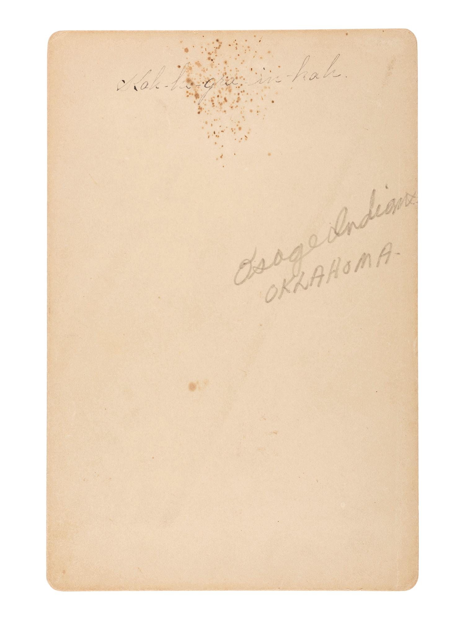 [NATIVE AMERICAN]. PARSONS, G.W., photographer. Cabinet card of two Osage subjects. Pawhuska, Indian Territory, n.d.