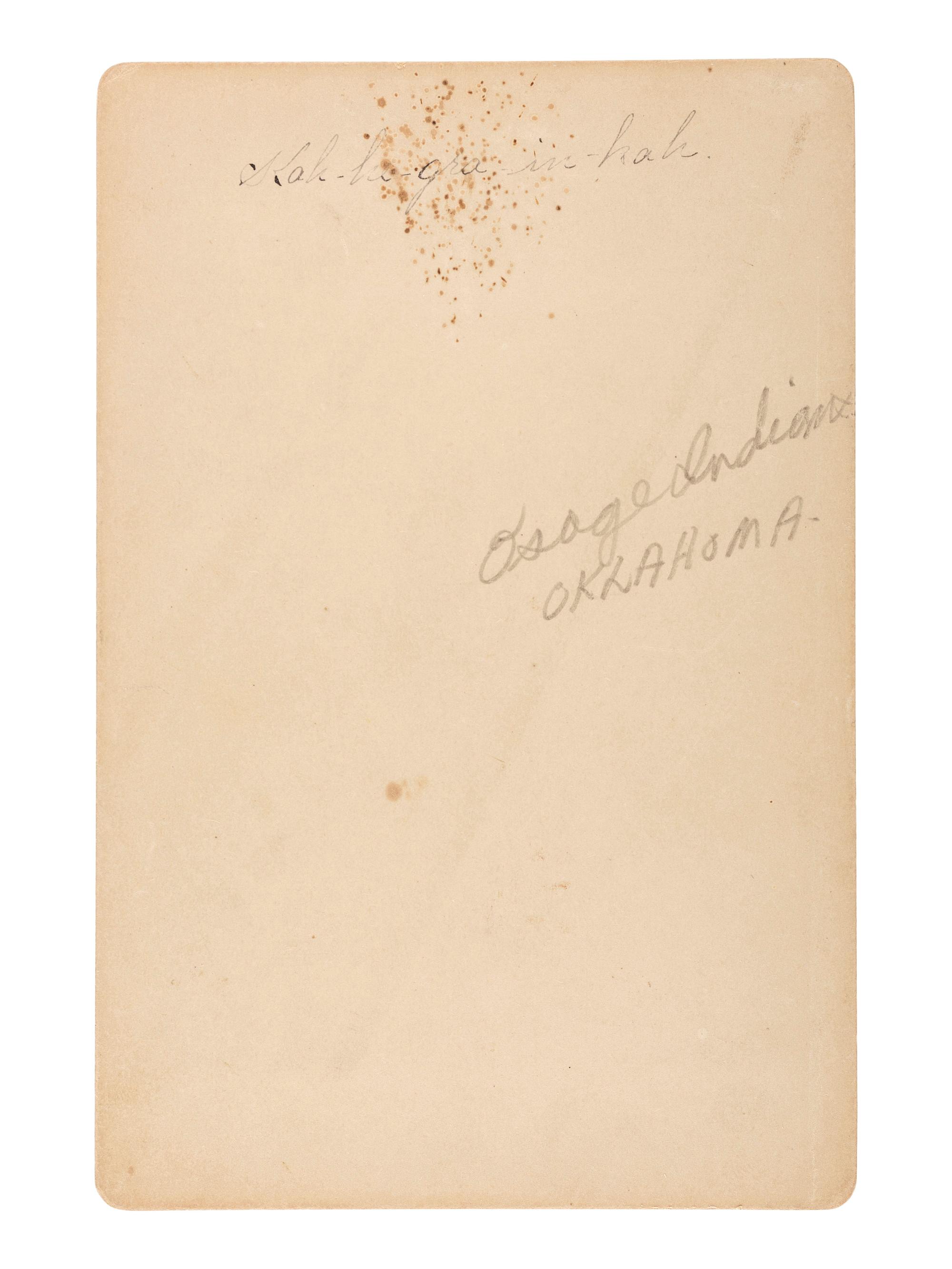 [NATIVE AMERICAN]. PARSONS, G.W., photographer. Cabinet card of two Osage subjects. Pawhuska, Indian Territory, n.d.