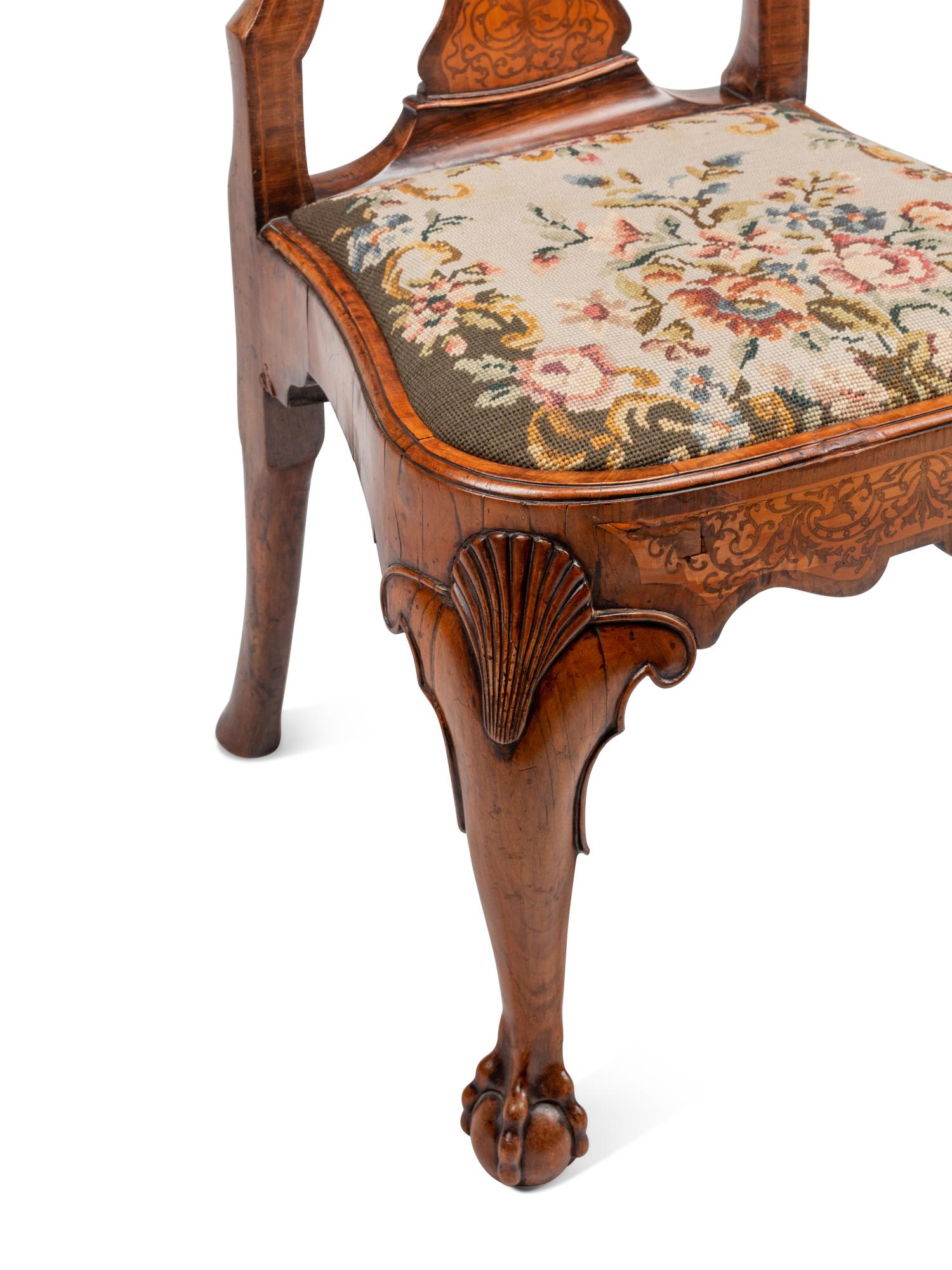 A Pair of Queen Anne Burl Walnut and Marquetry Side Chairs