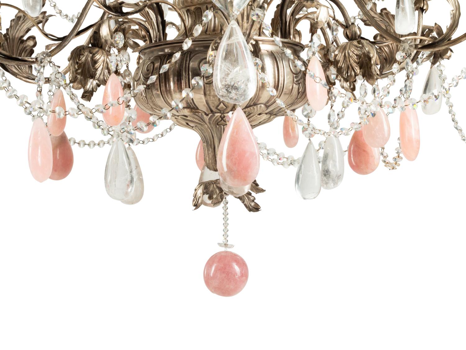 An Italian Silvered Tôle, Rose Quartz and Rock Crystal Twelve-Light Chandelier