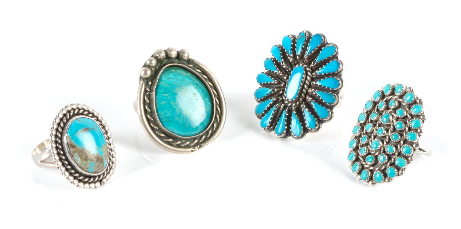 Four Southwestern Silver and Turquoise Rings