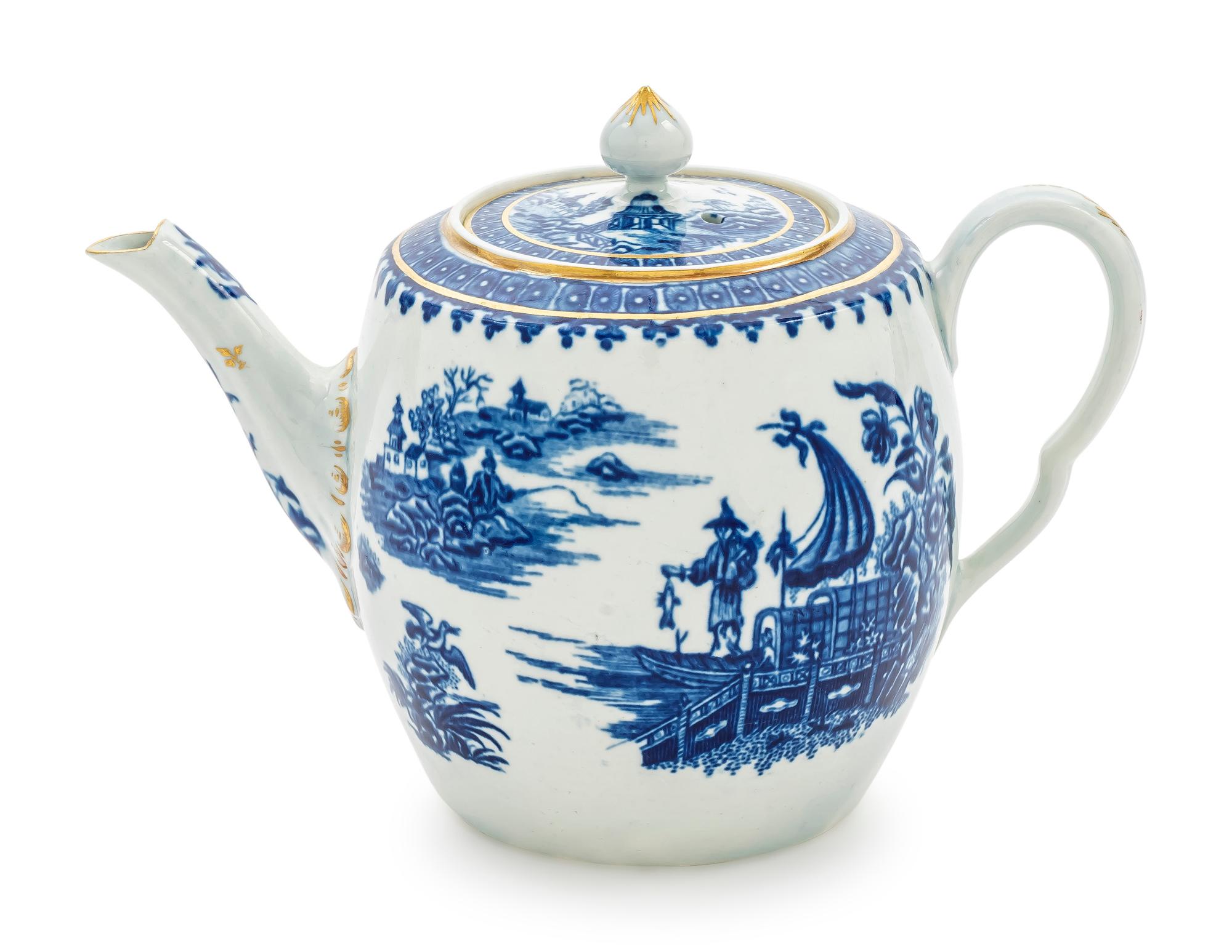 A Worcester Porcelain Blue and White Transfer Teapot — C. 1780