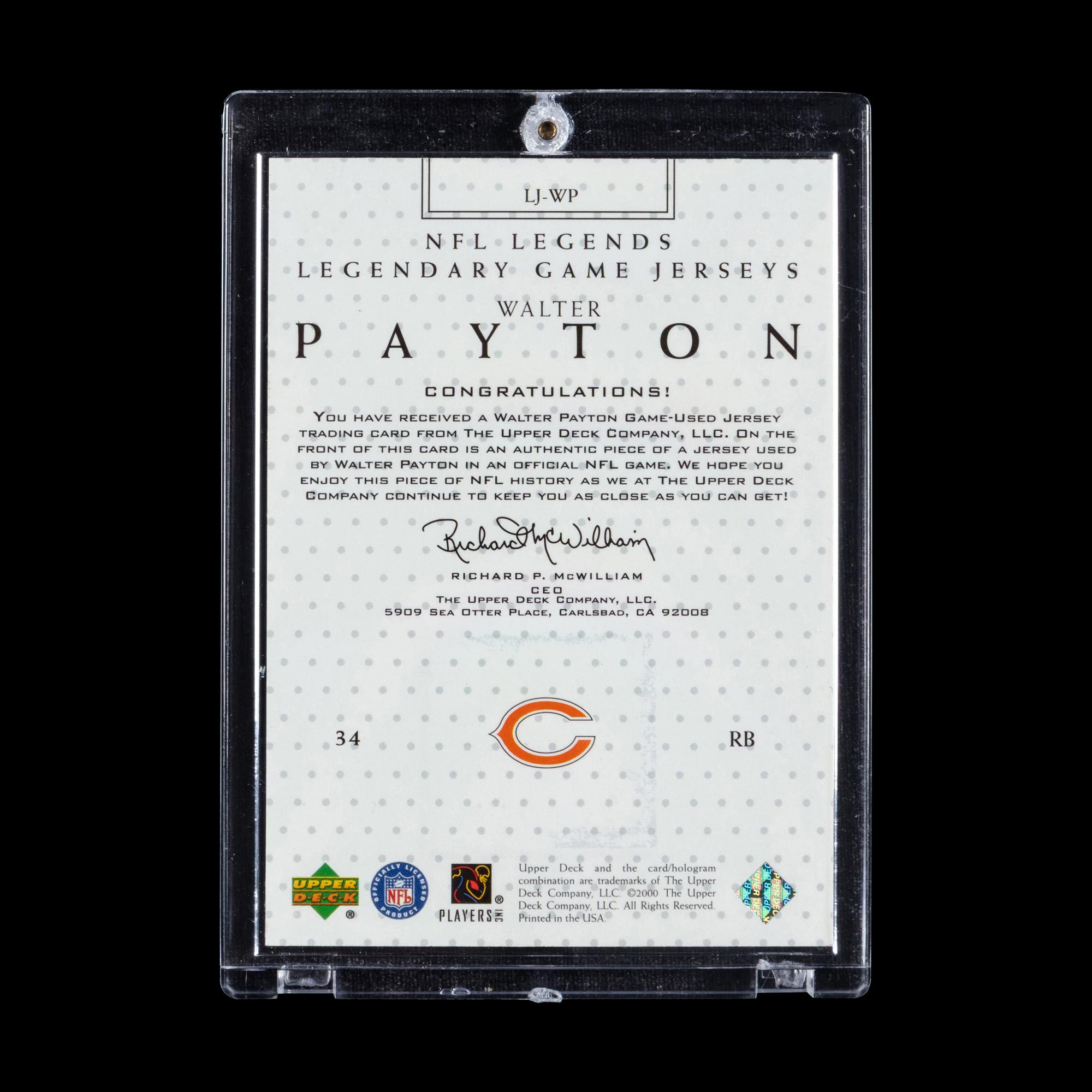 A 2000 Upper Deck Walter Payton Legendary Jerseys Football Card No. LJ-WP (Three Color Jersey Patch)
