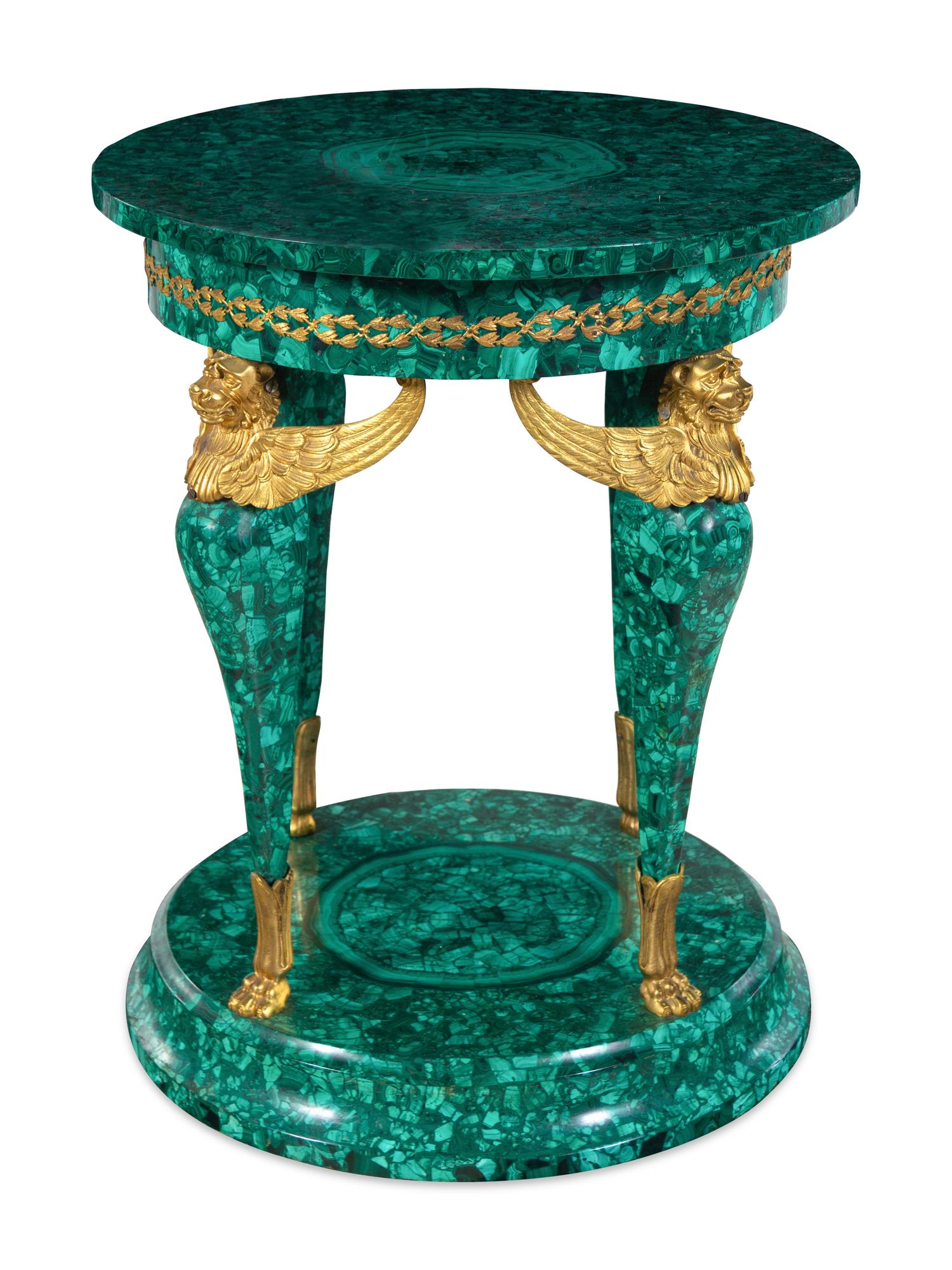 An Empire Style Gilt Bronze Mounted Malachite Veneered Center Table