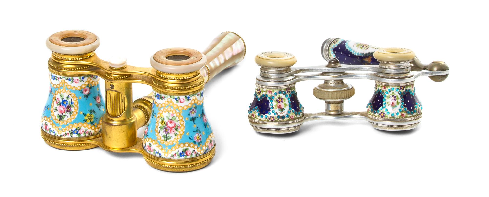 Two Pairs of French Enameled Opera Glasses, Width of wider 3 7/8 inches.