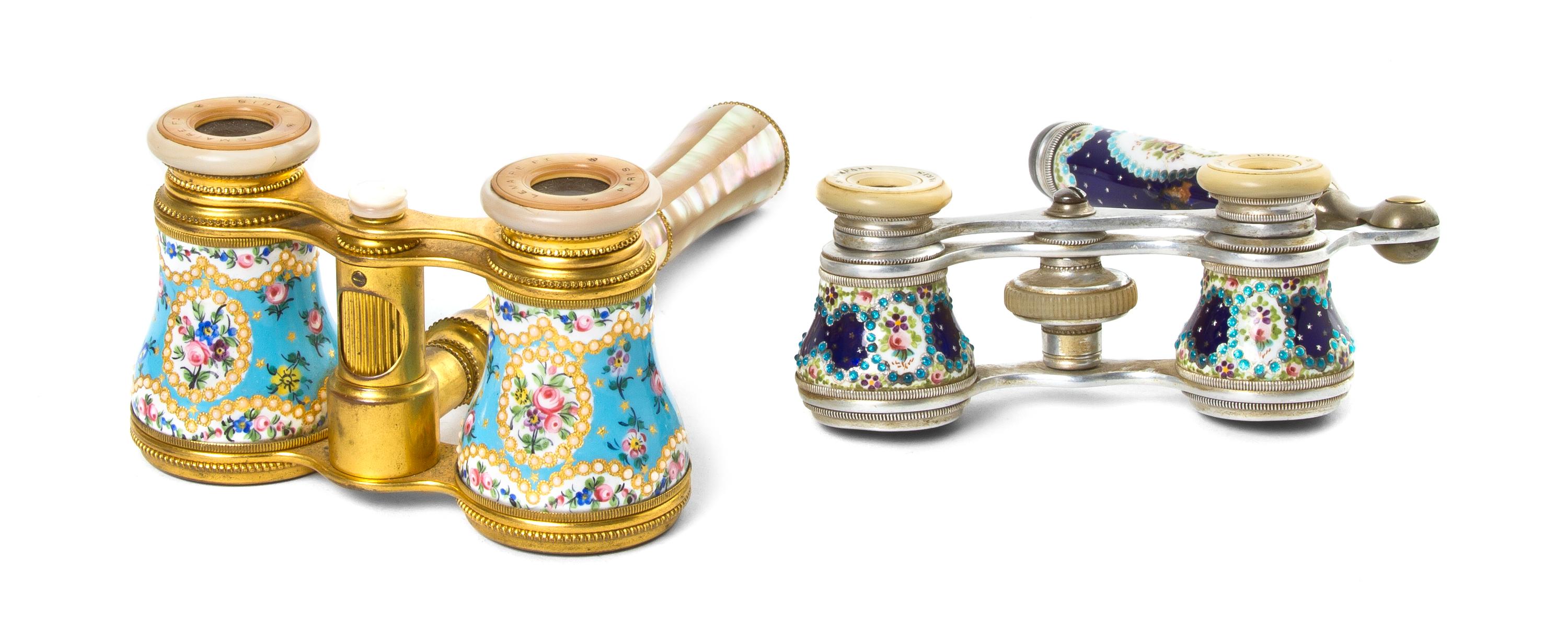 Two Pairs of French Enameled Opera Glasses, Width of wider 3 7/8 inches.