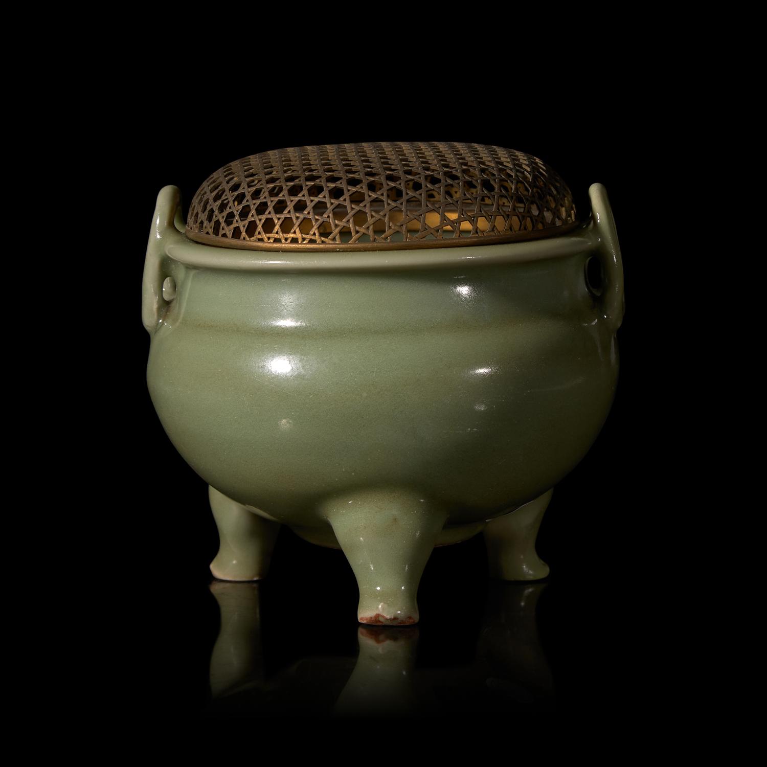 A Chinese Longquan Celadon Glazed Porcelain Incense Burner 龍泉青瓷雙耳三足爐