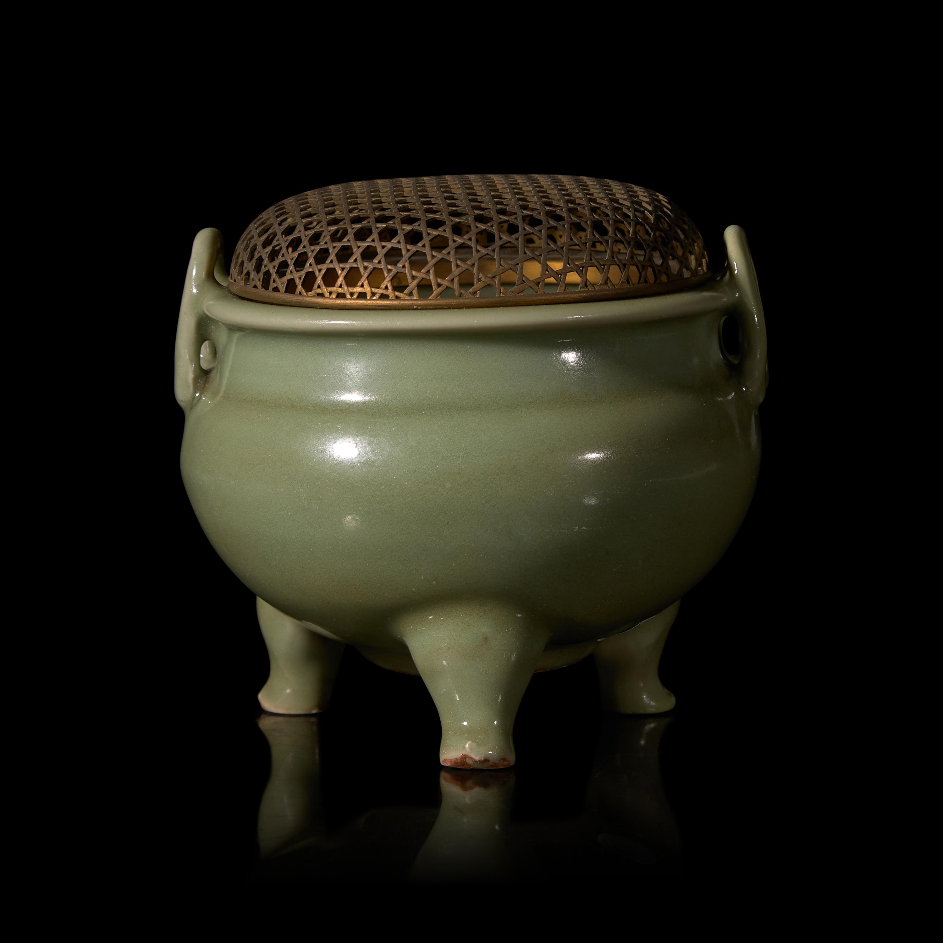 A Chinese Longquan Celadon Glazed Porcelain Incense Burner 龍泉青瓷雙耳三足爐