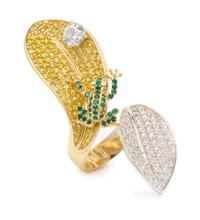 An 18 Karat Bicolor Gold, Color Diamond, Diamond and Emerald Frog and Leaf Motif Ring, 22.60 dwts.