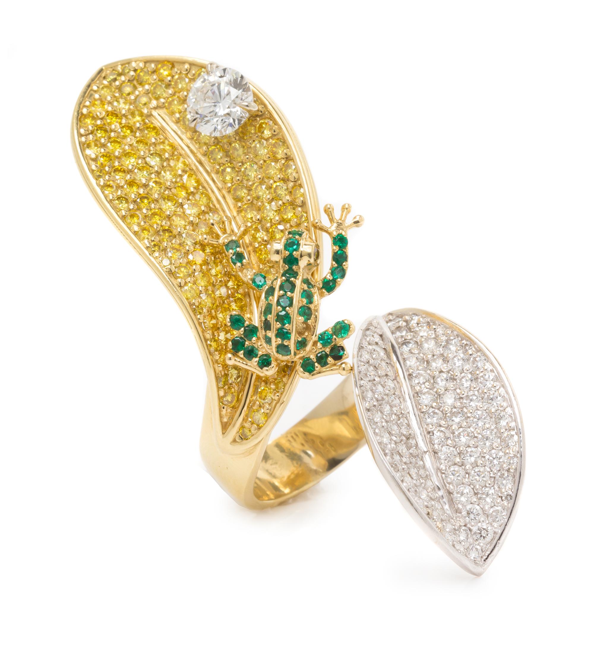 An 18 Karat Bicolor Gold, Color Diamond, Diamond and Emerald Frog and Leaf Motif Ring, 22.60 dwts.