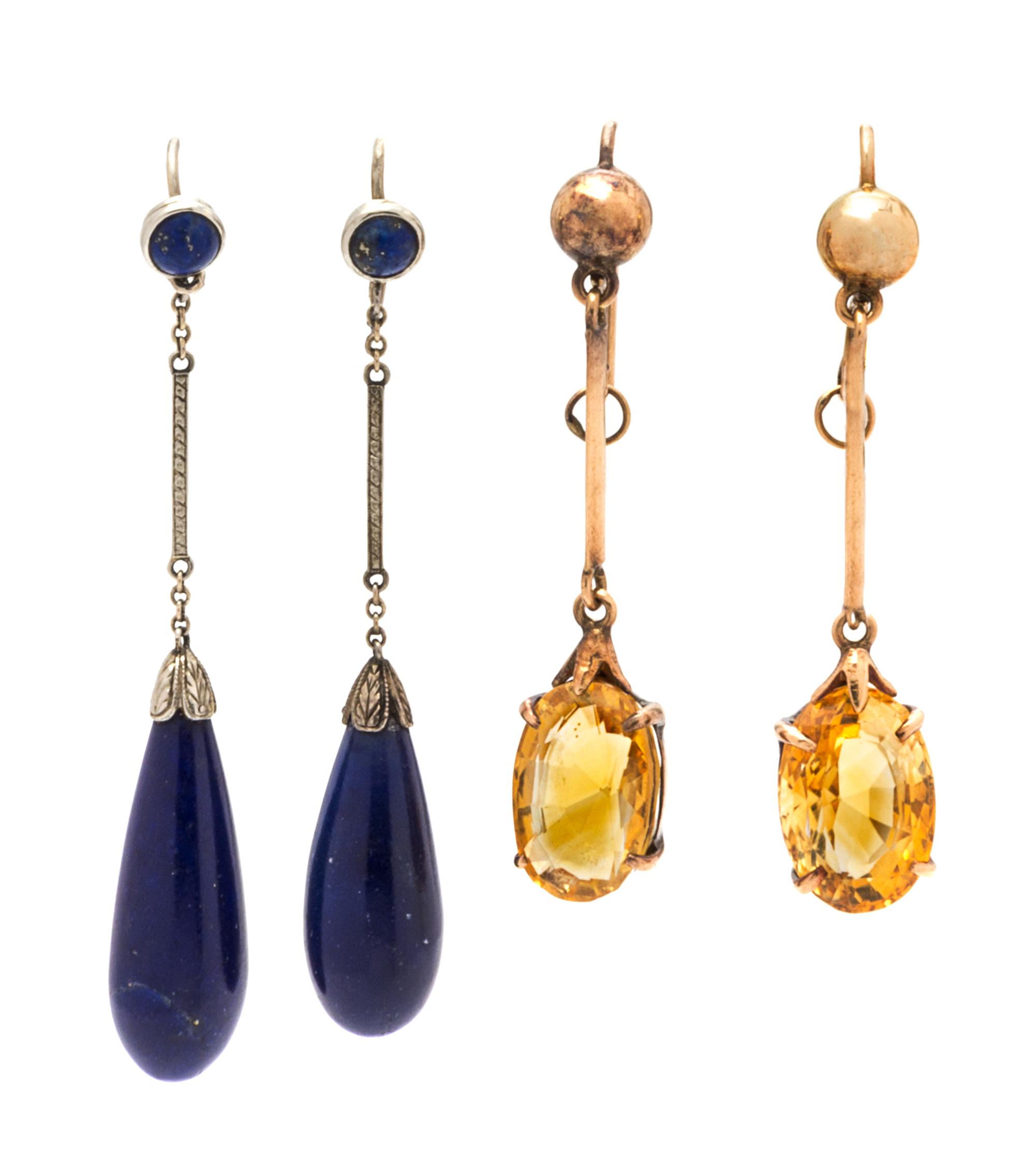 A Collection of Vintage Gold, Citrine and Lapis Lazuli Pendant Earrings, 8.90 dwts.