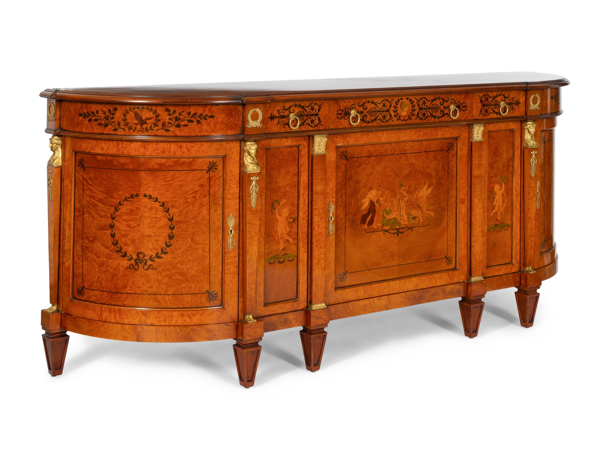 A Pair of Large Empire Style Gilt Bronze-Mounted Marquetry Console Cabinets