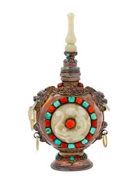 A Mongolian-Style White Jade and Hardstone Inlaid Silver Bottle Vase and Cover