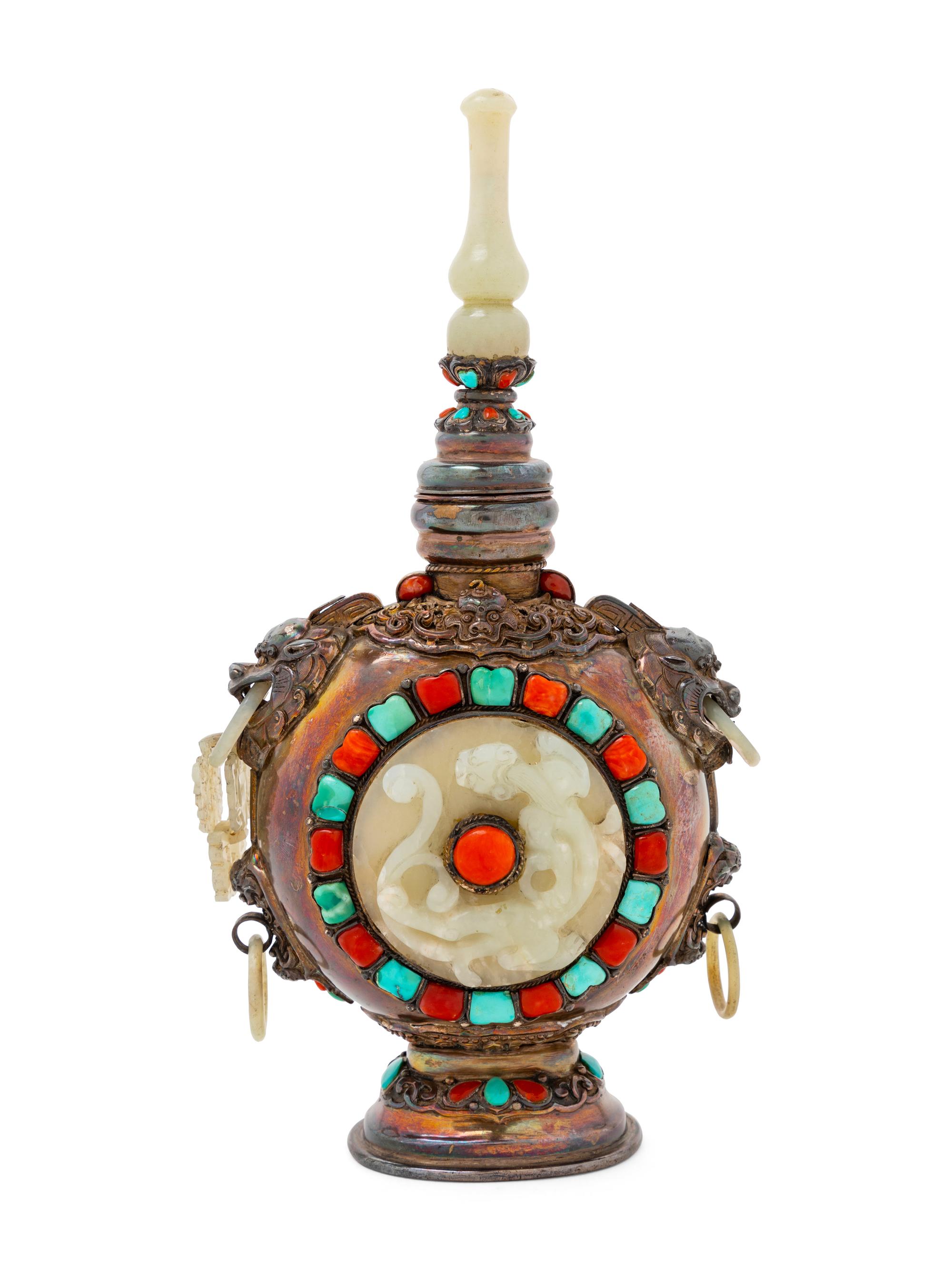 A Mongolian-Style White Jade and Hardstone Inlaid Silver Bottle Vase and Cover