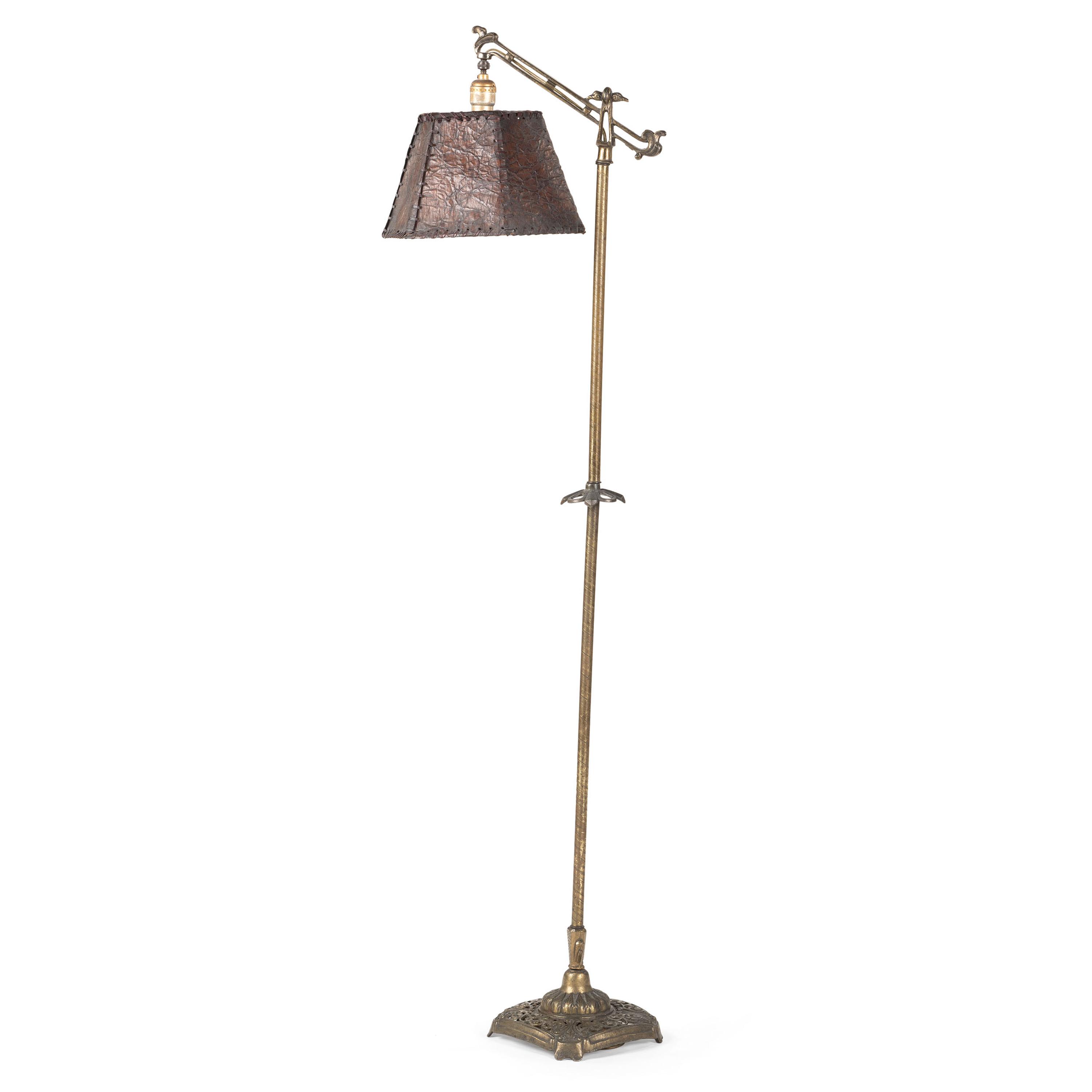 A Cast Metal Floor Lamp with a Leather Shade