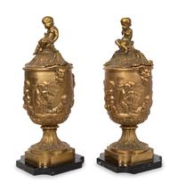 A Pair of French Gilt Bronze Ornamental Lidded Urns