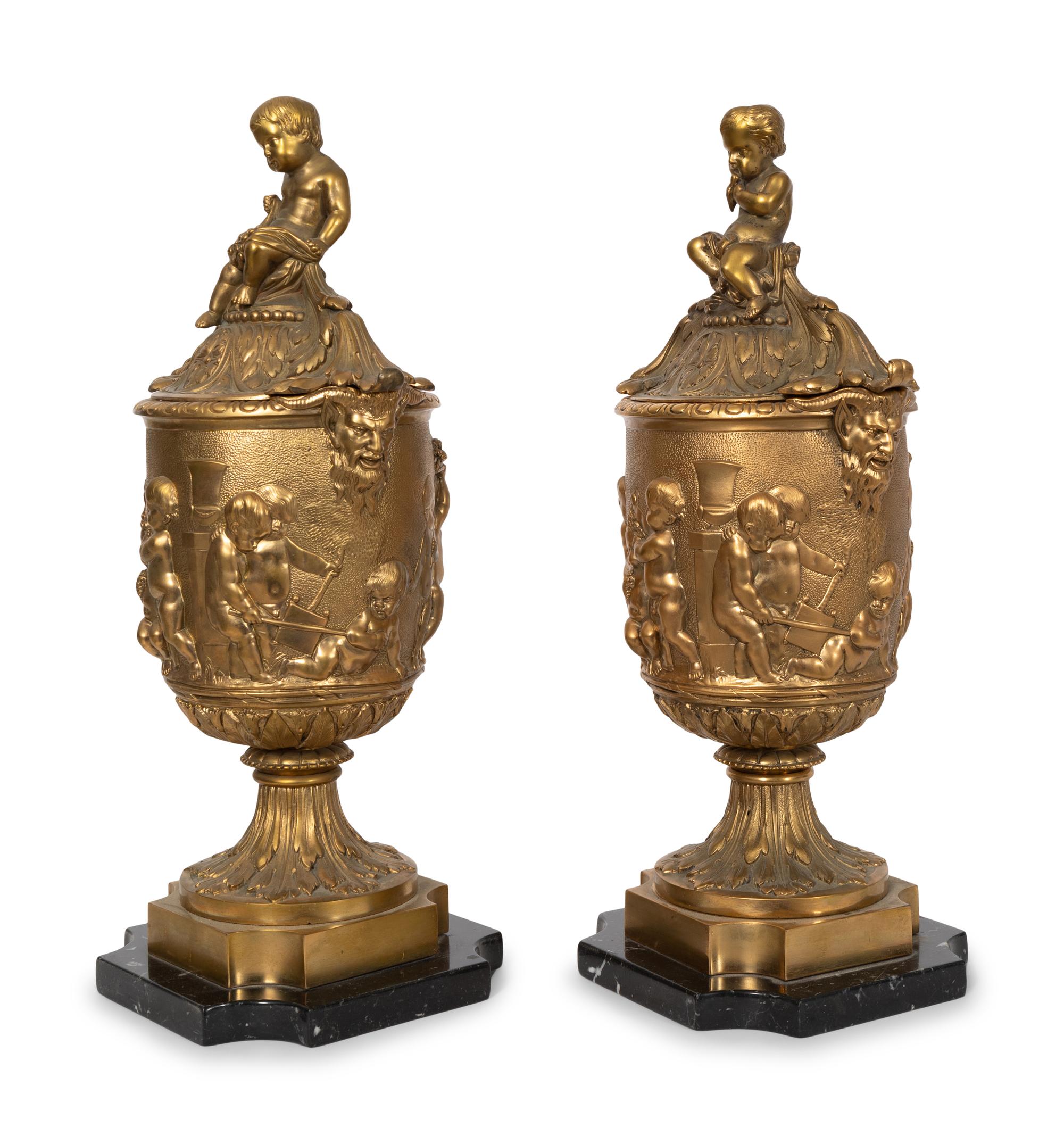 A Pair of French Gilt Bronze Ornamental Lidded Urns