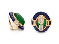DAVID WEBB, TREATED JADE, LAPIS LAZULI AND DIAMOND EARCLIPS