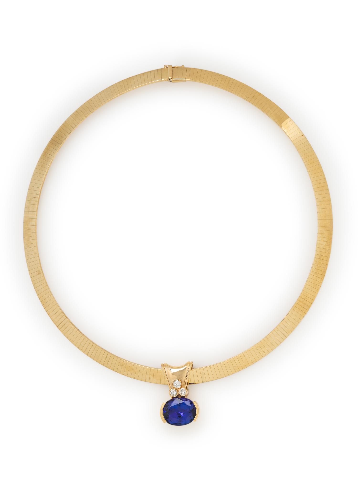 TANZANITE, DIAMOND, AND YELLOW GOLD SLIDE PENDANT WITH OMEGA CHAIN