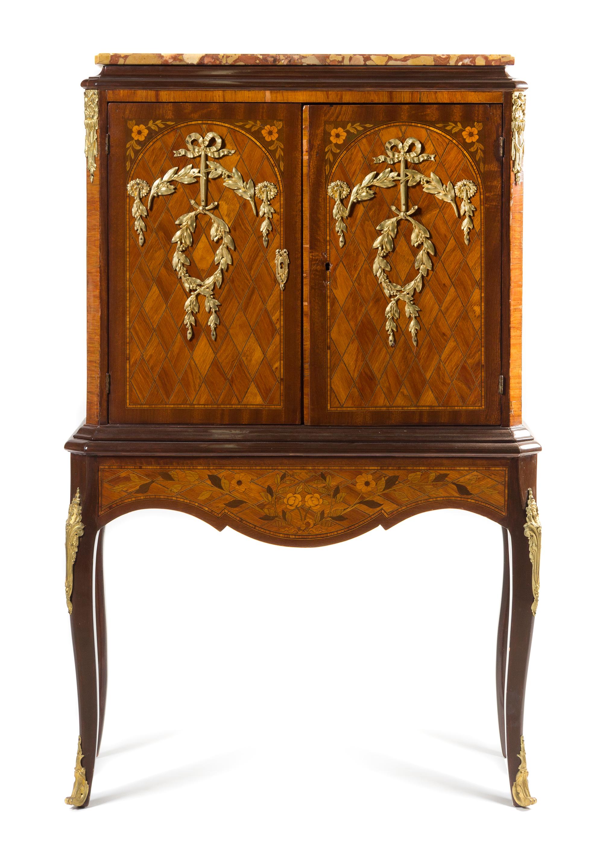 A Louis XV/XVI Transitional Style Gilt Bronze Mounted Parquetry Cabinet Height 51 1/2 x width 32 1/2 x depth 17 inches. — 20TH CENTURY WITH EARLIER ELEMENTS