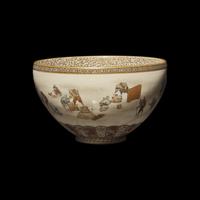 A Japanese Satsuma Type Enameled Pottery Momotaro Bowl, Yabu Meizan, Meiji Period