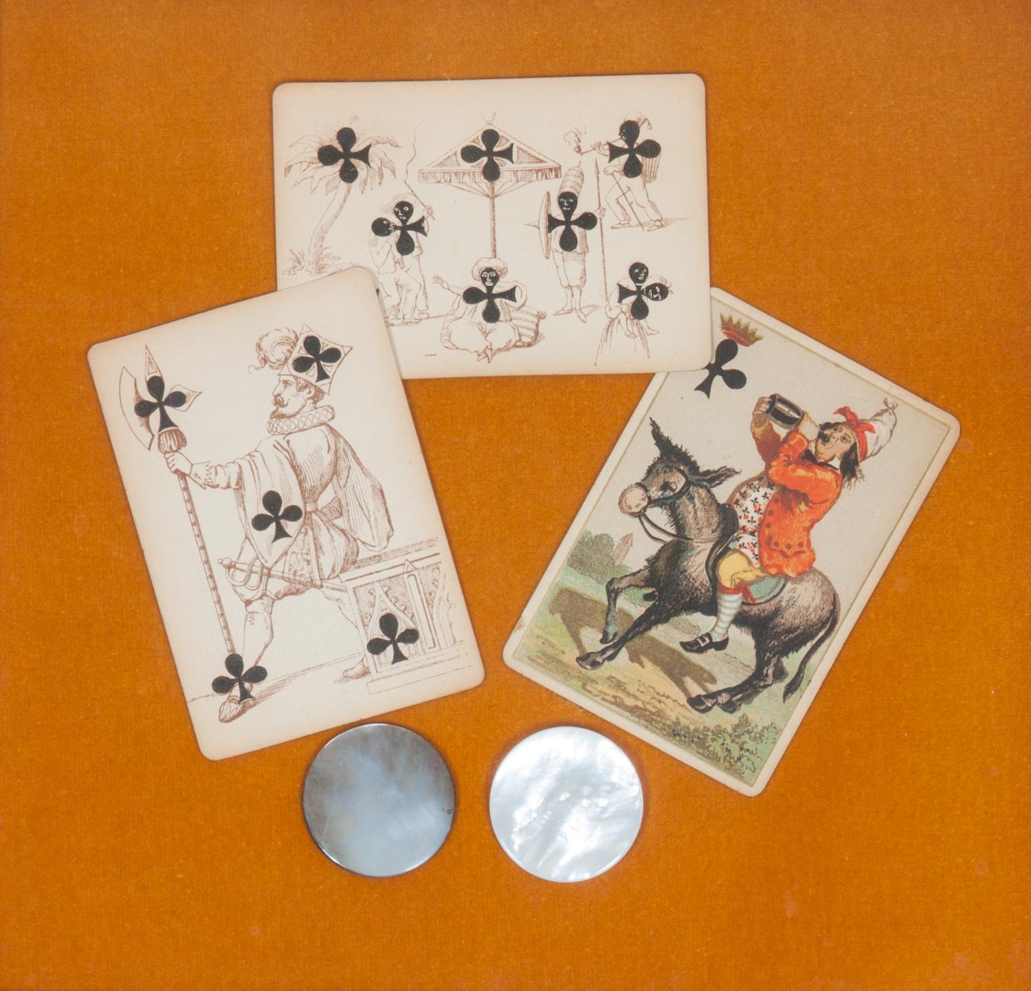 A Pair of Framed Playing Cards and Poker Chips Framed: 13 x 13 inches. — 19TH CENTURY