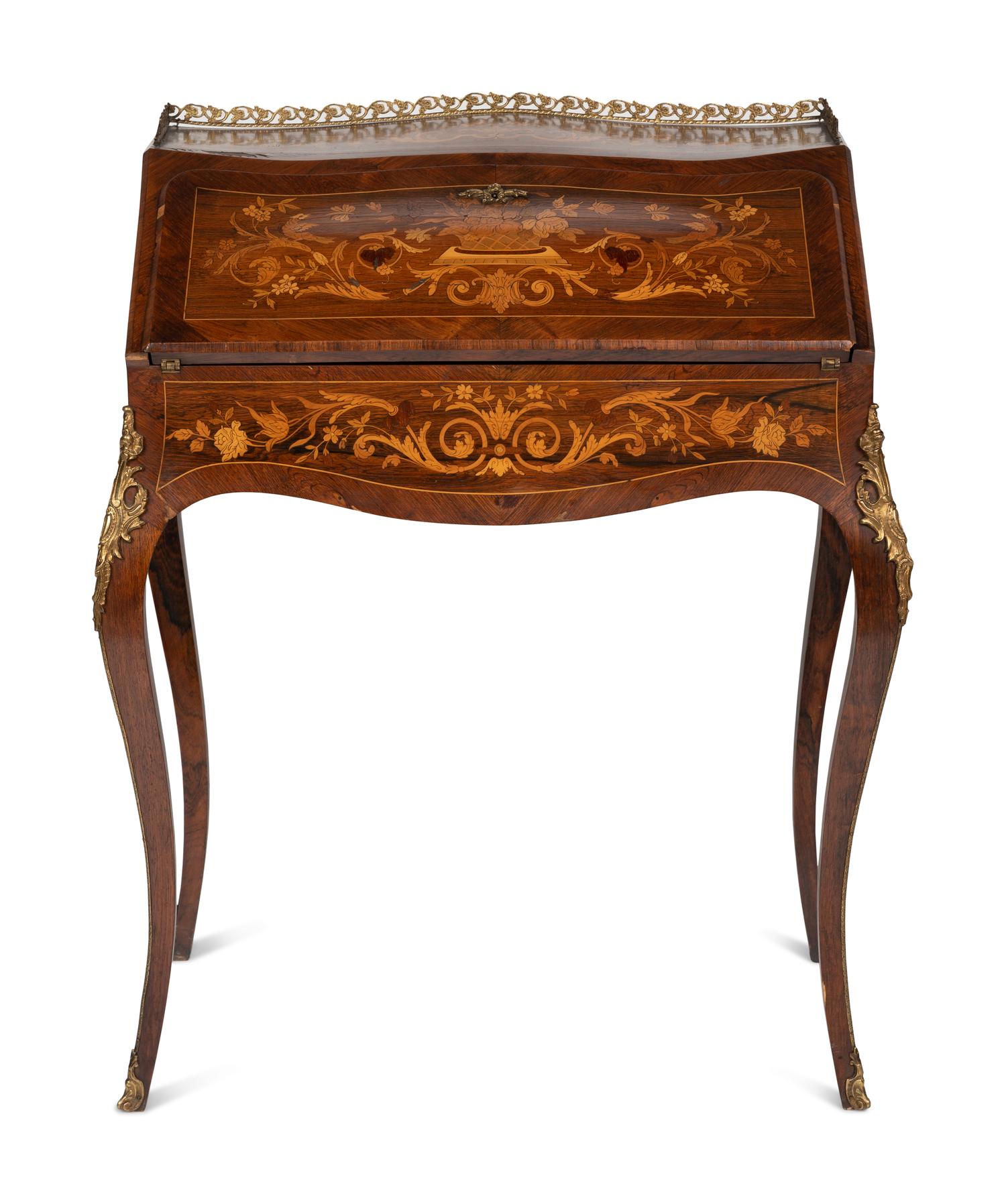 A Louis XV Style Gilt Bronze Mounted Marquetry Bureau en Pente