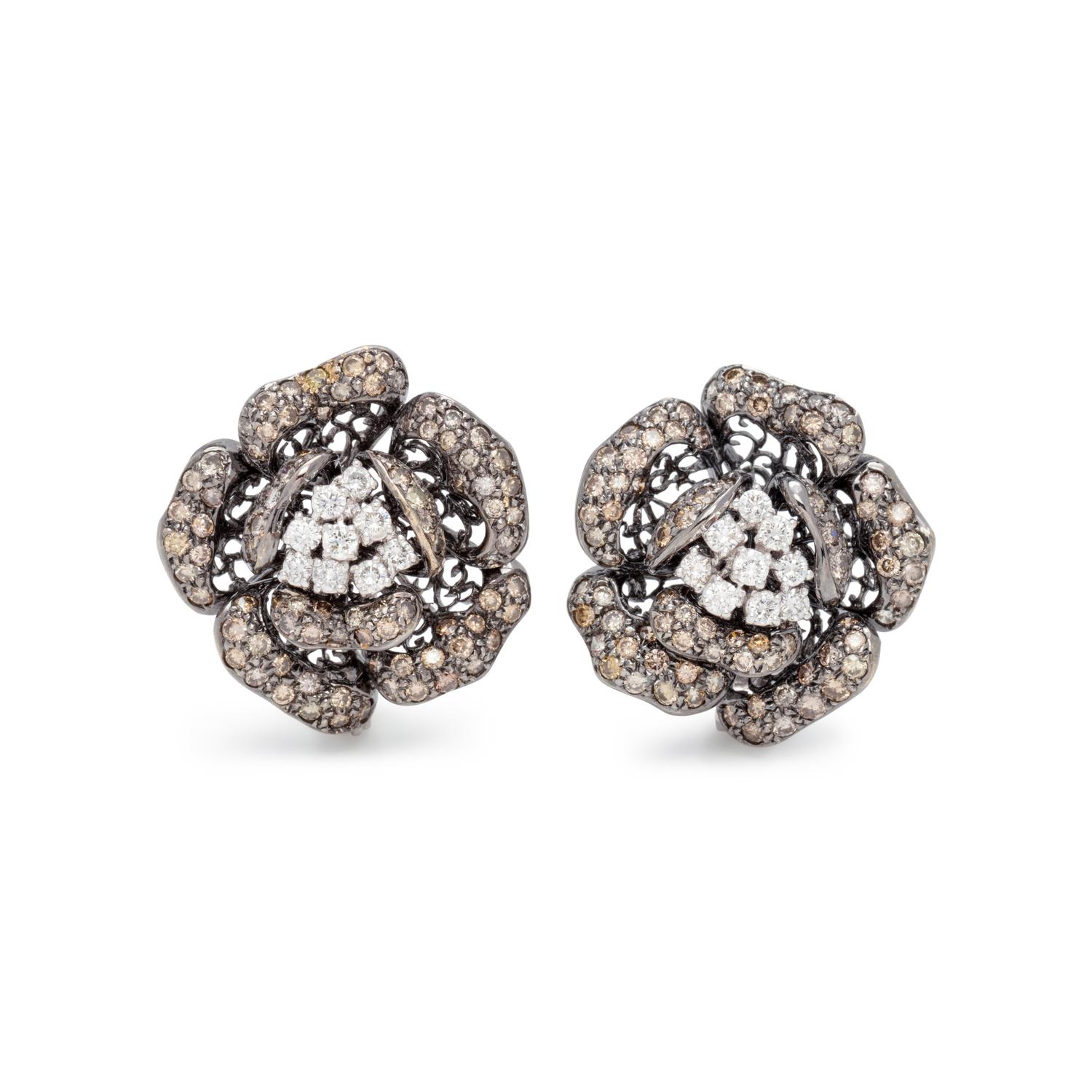 DIAMOND AND COLORED DIAMOND FLOWER EARCLIPS