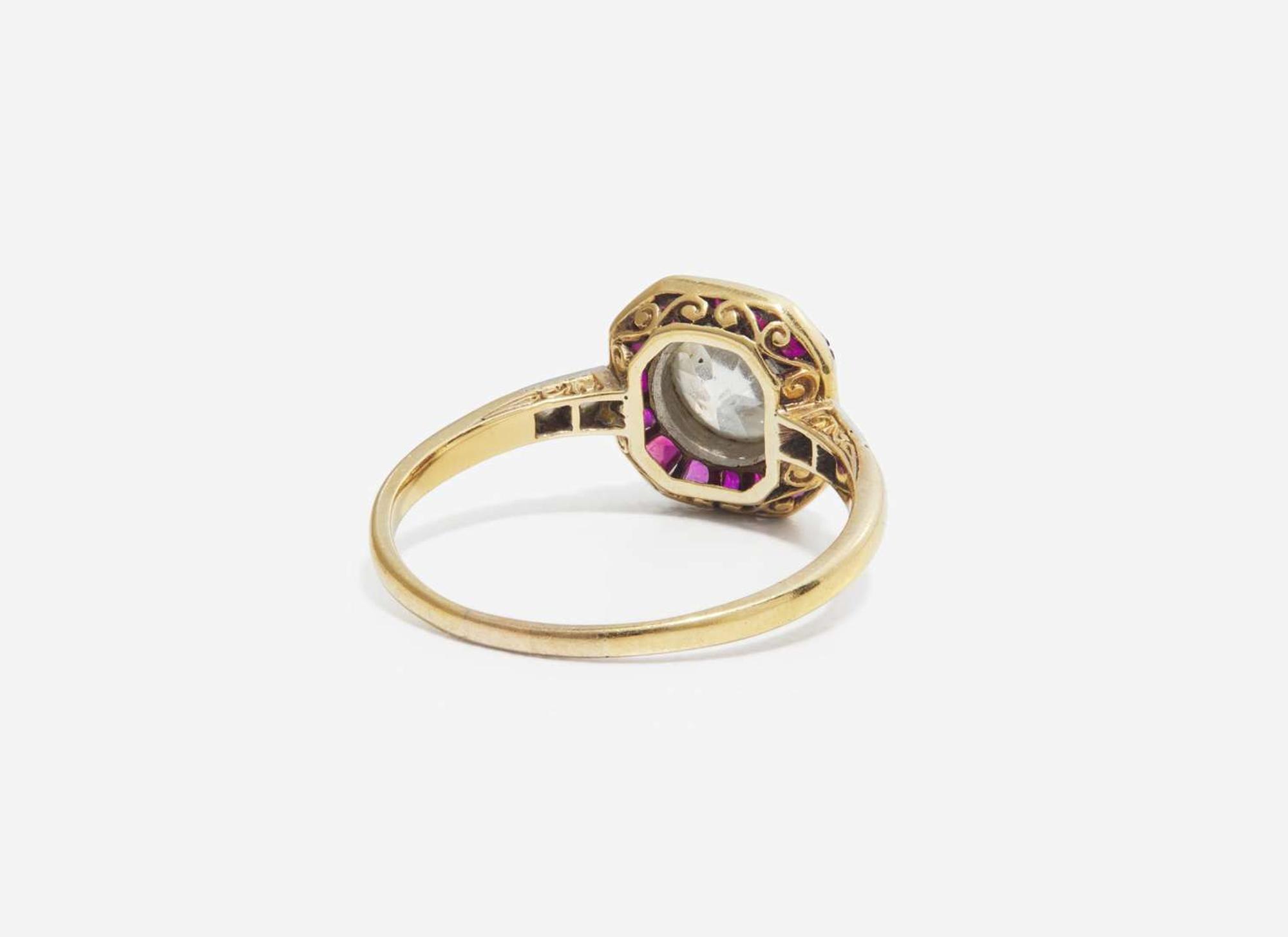 An Art Deco Ladies 14K Yellow Gold, Diamond, and Ruby Ring