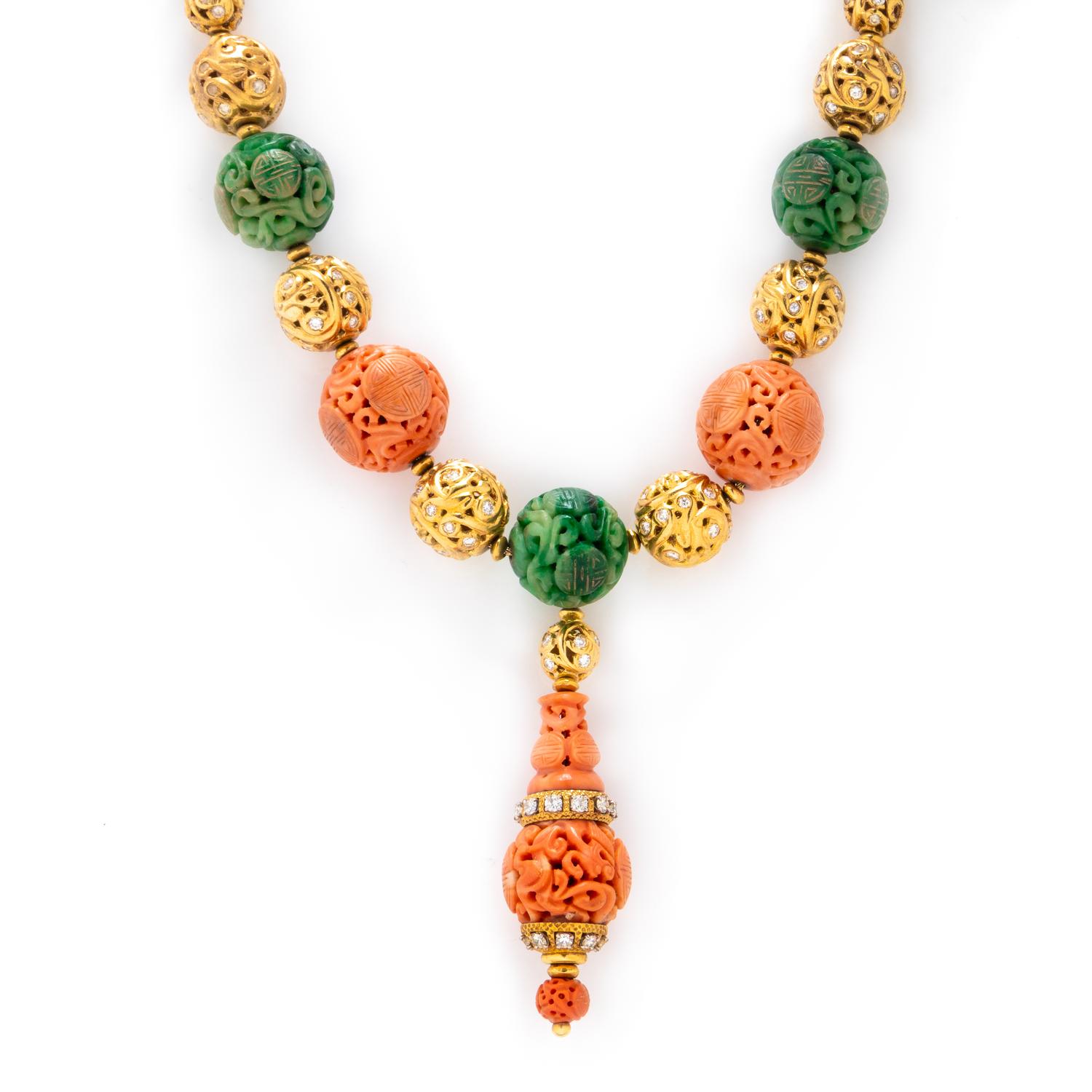 VAN CLEEF & ARPELS, YELLOW GOLD, CORAL, AND JADE NECKLACE