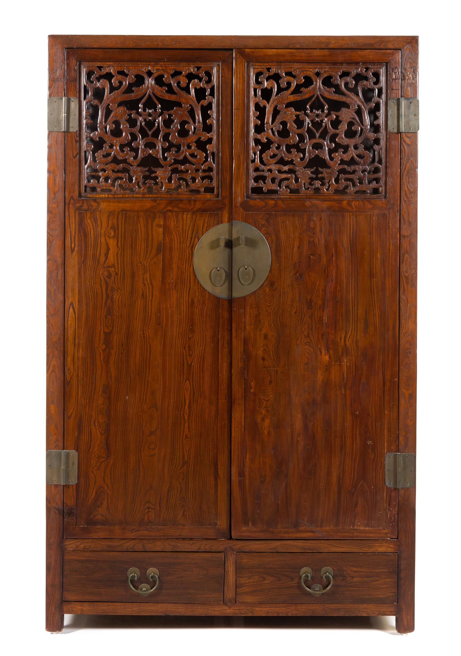 A Large Chinese Elmwood Cabinet Height 80 x width 49 1/8 x depth 22 1/8 inches. — 19TH/20TH CENTURY