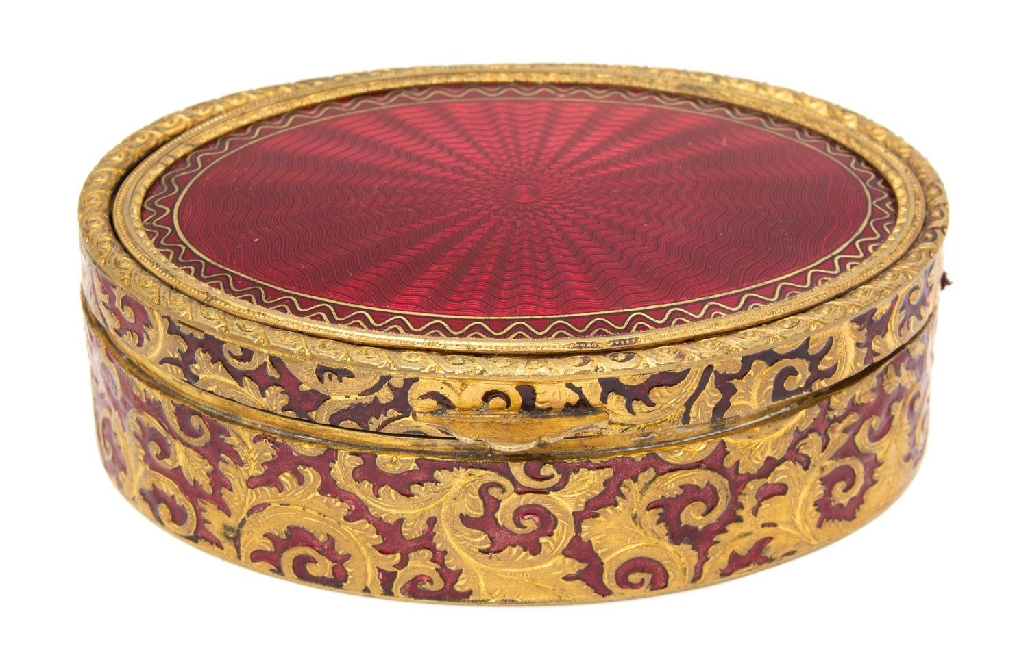 An Austrian Gilt Bronze and Enamel Snuff Box Width 4 3/8 x depth 3 inches. — 20TH CENTURY