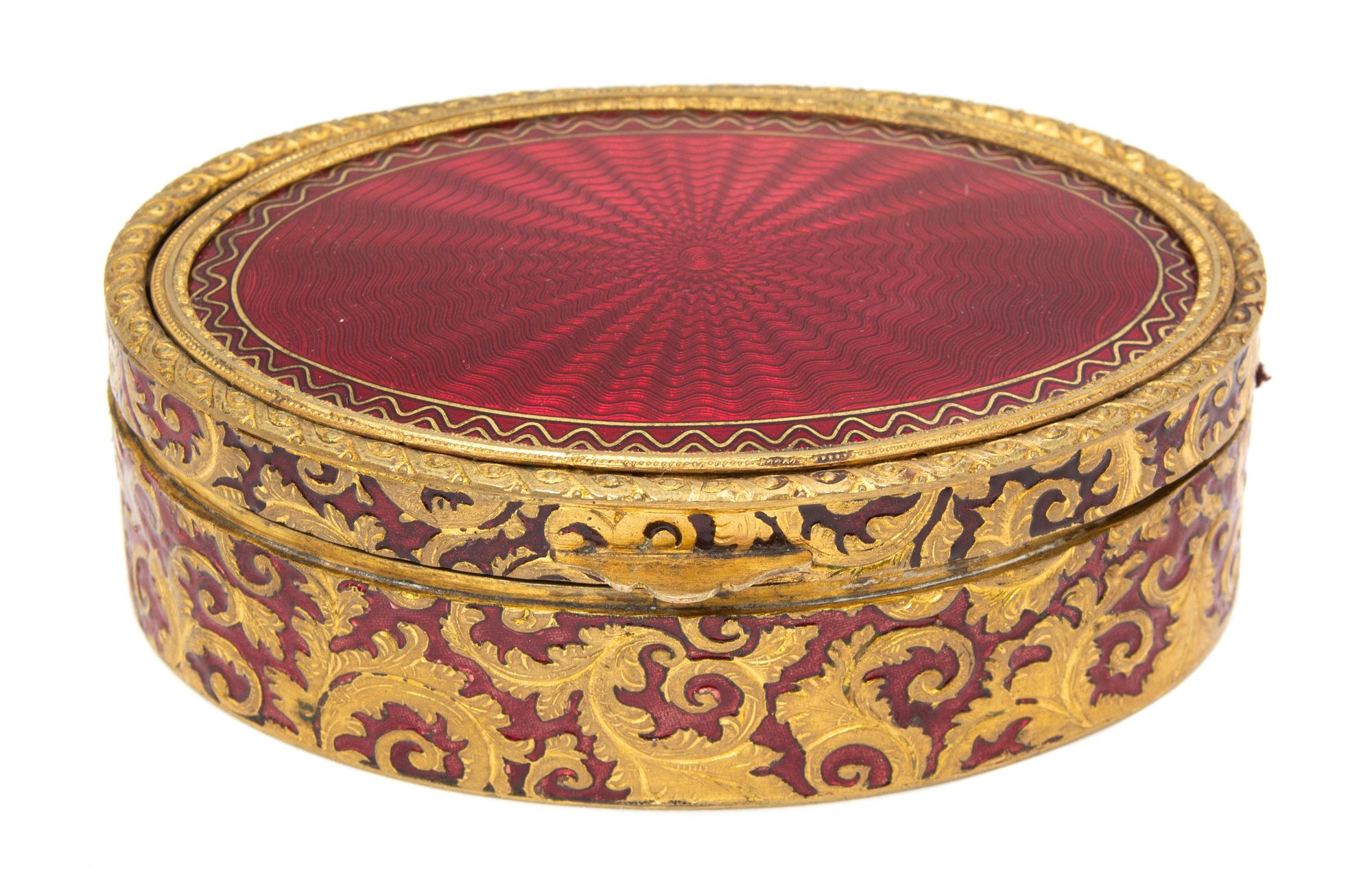 An Austrian Gilt Bronze and Enamel Snuff Box Width 4 3/8 x depth 3 inches. — 20TH CENTURY