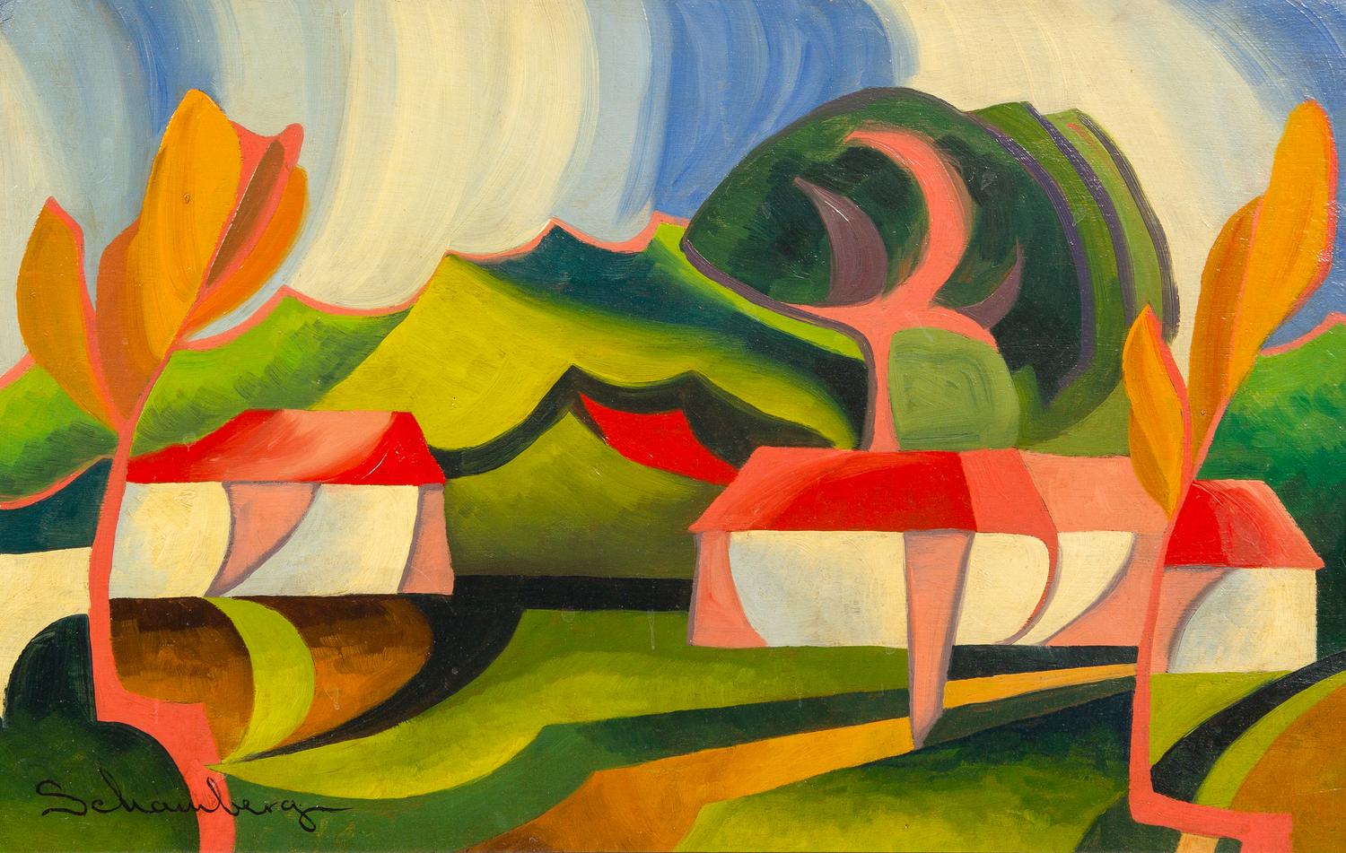Morton Livingston Schamberg, (American, 1881-1918), Untitled (Abstract Landscape with Structures)