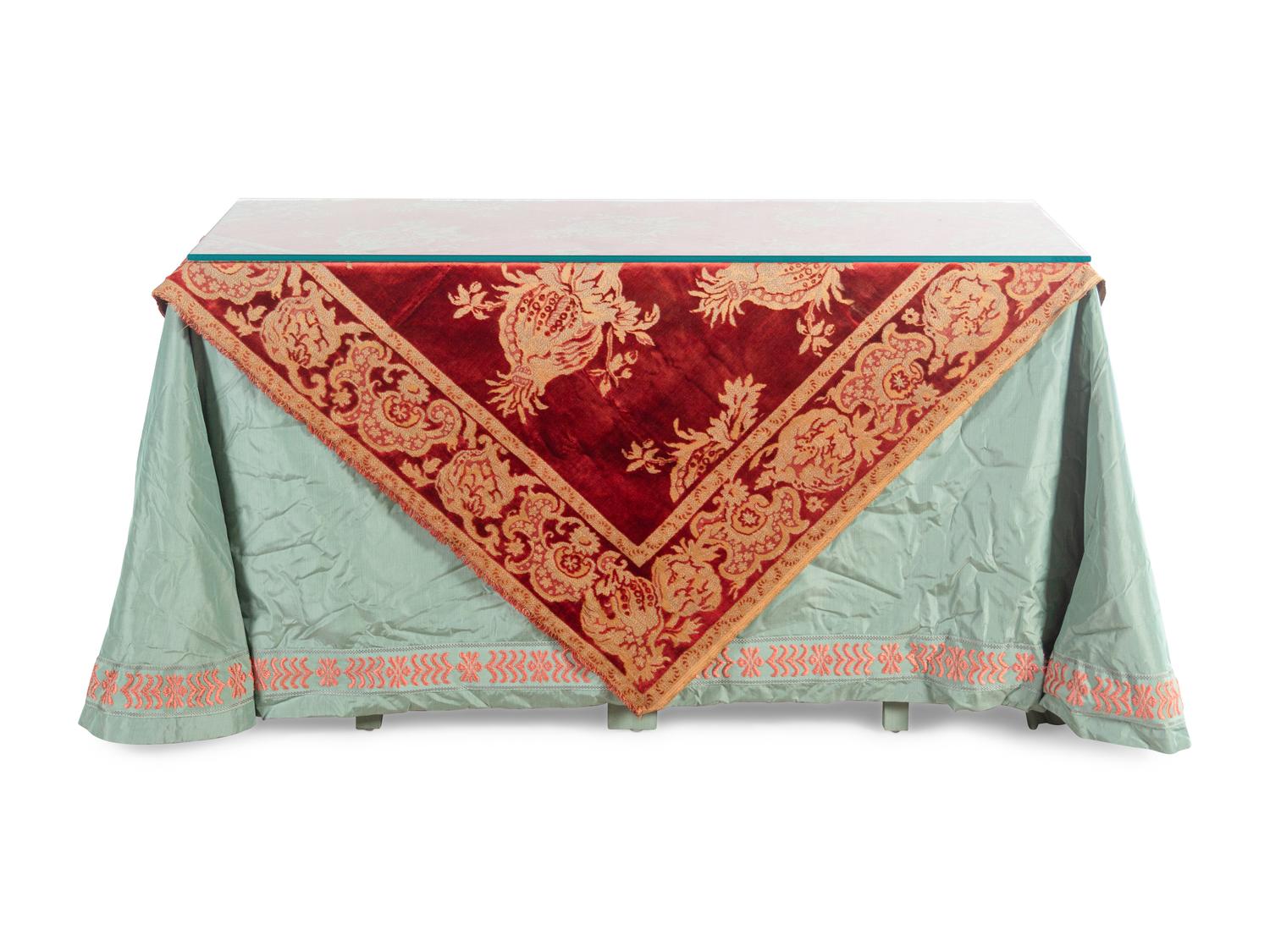 A Custom Glass-Top Console Table with an Italian Tapestry Cover