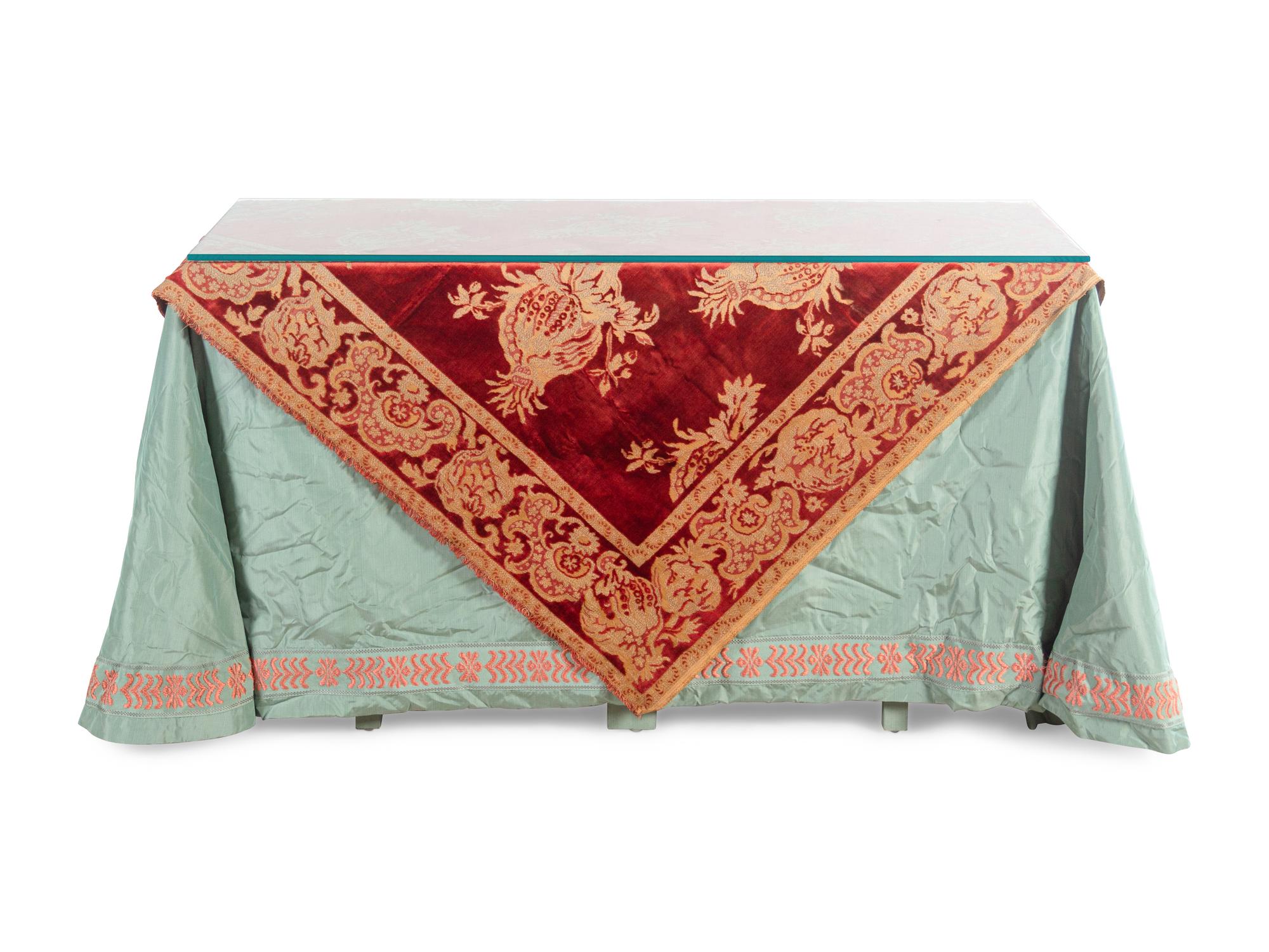A Custom Glass-Top Console Table with an Italian Tapestry Cover
