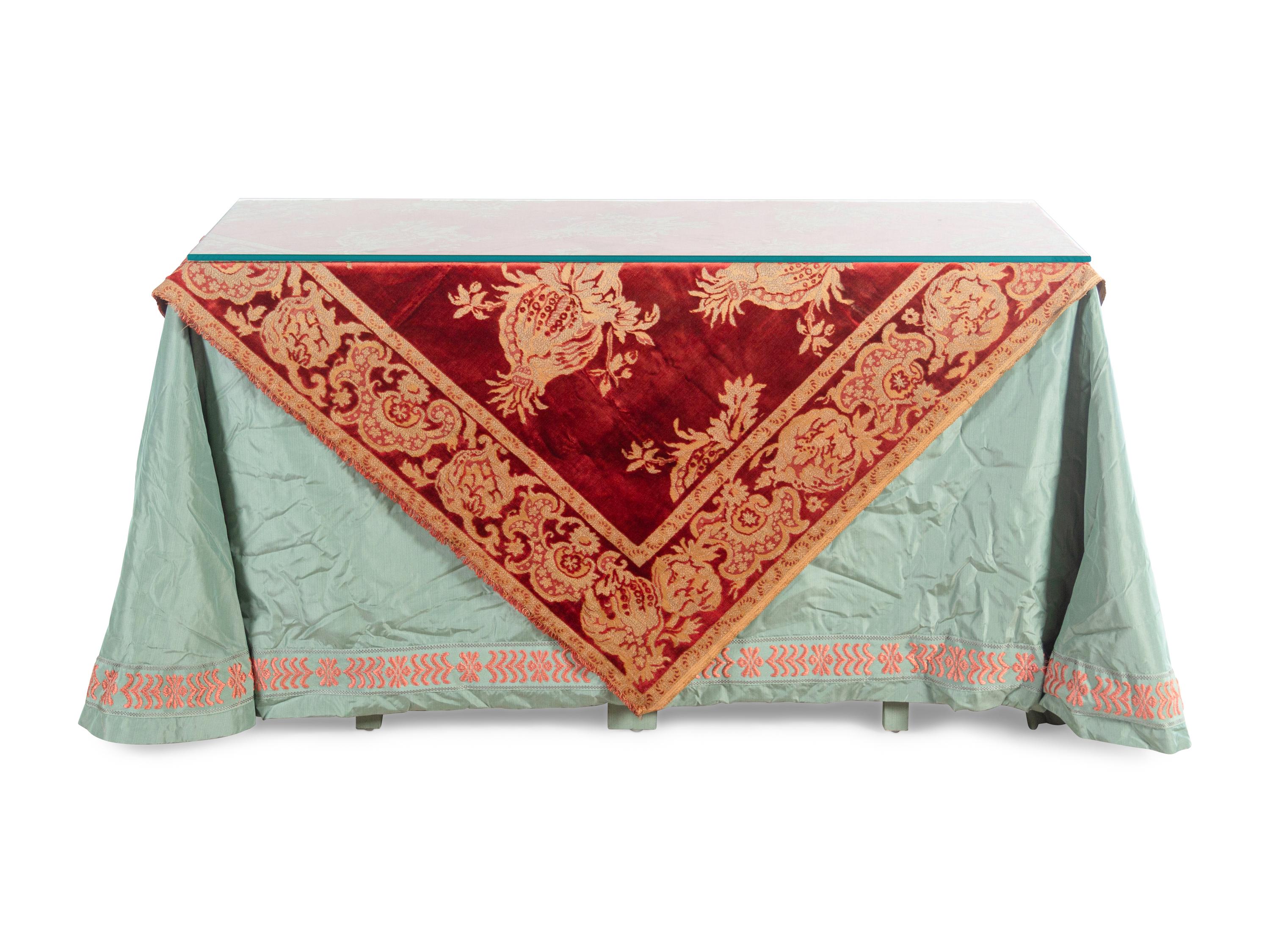 A Custom Glass-Top Console Table with an Italian Tapestry Cover