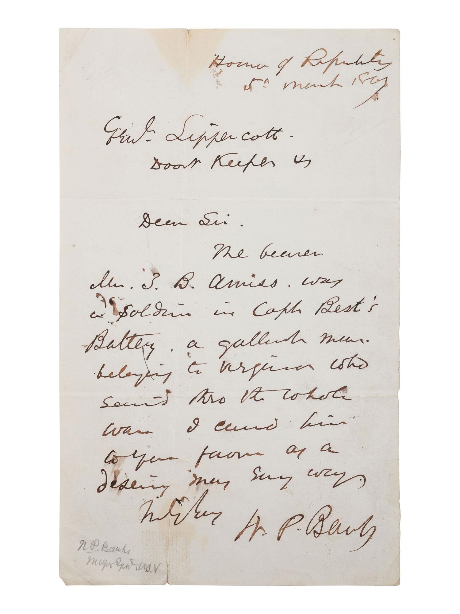 [CIVIL WAR]. BANKS, Nathaniel P. ALS ("N. P. Banks"). "House of Representatives," 5 March 1867[?].