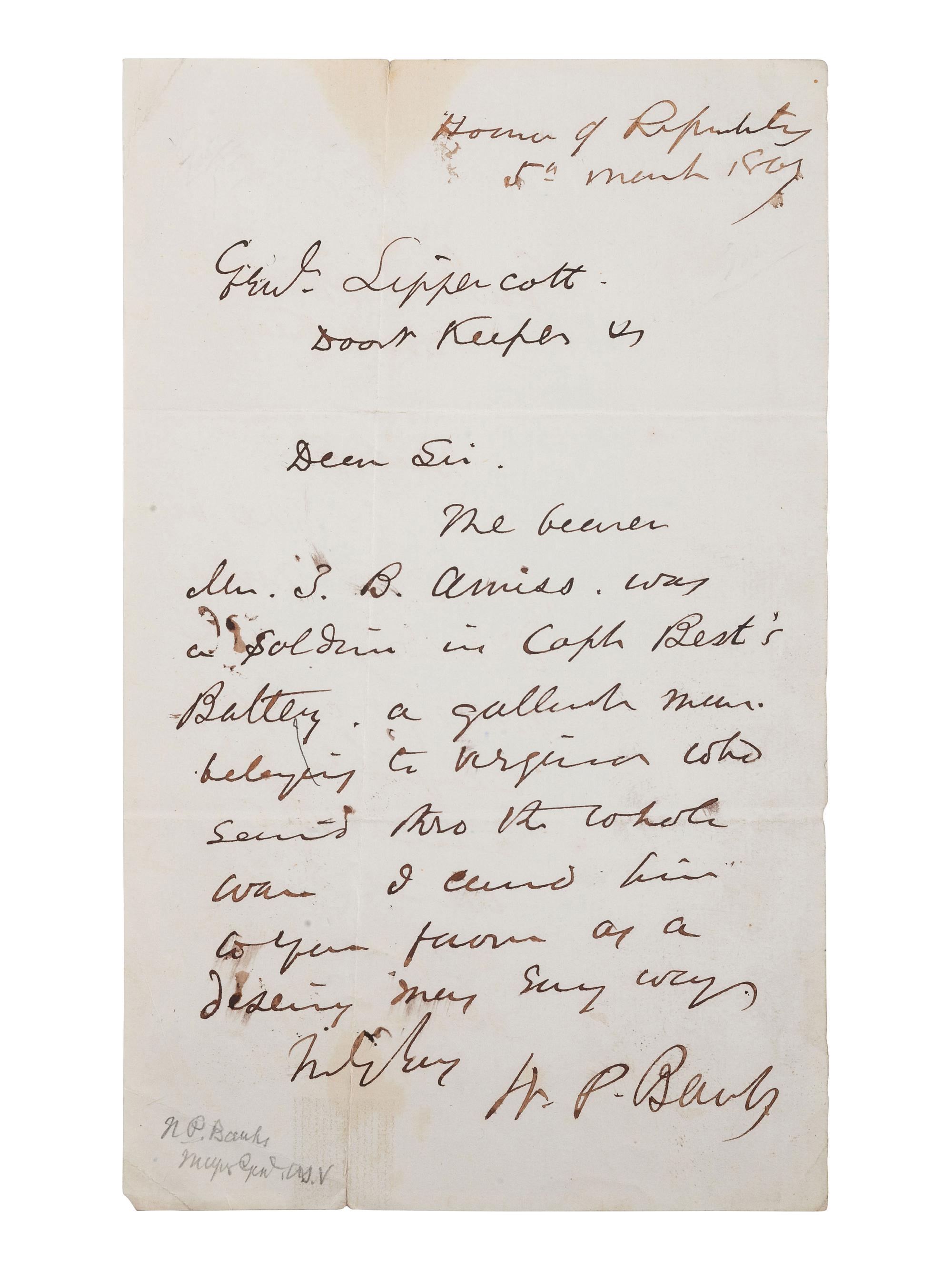[CIVIL WAR]. BANKS, Nathaniel P. ALS ("N. P. Banks"). "House of Representatives," 5 March 1867[?].