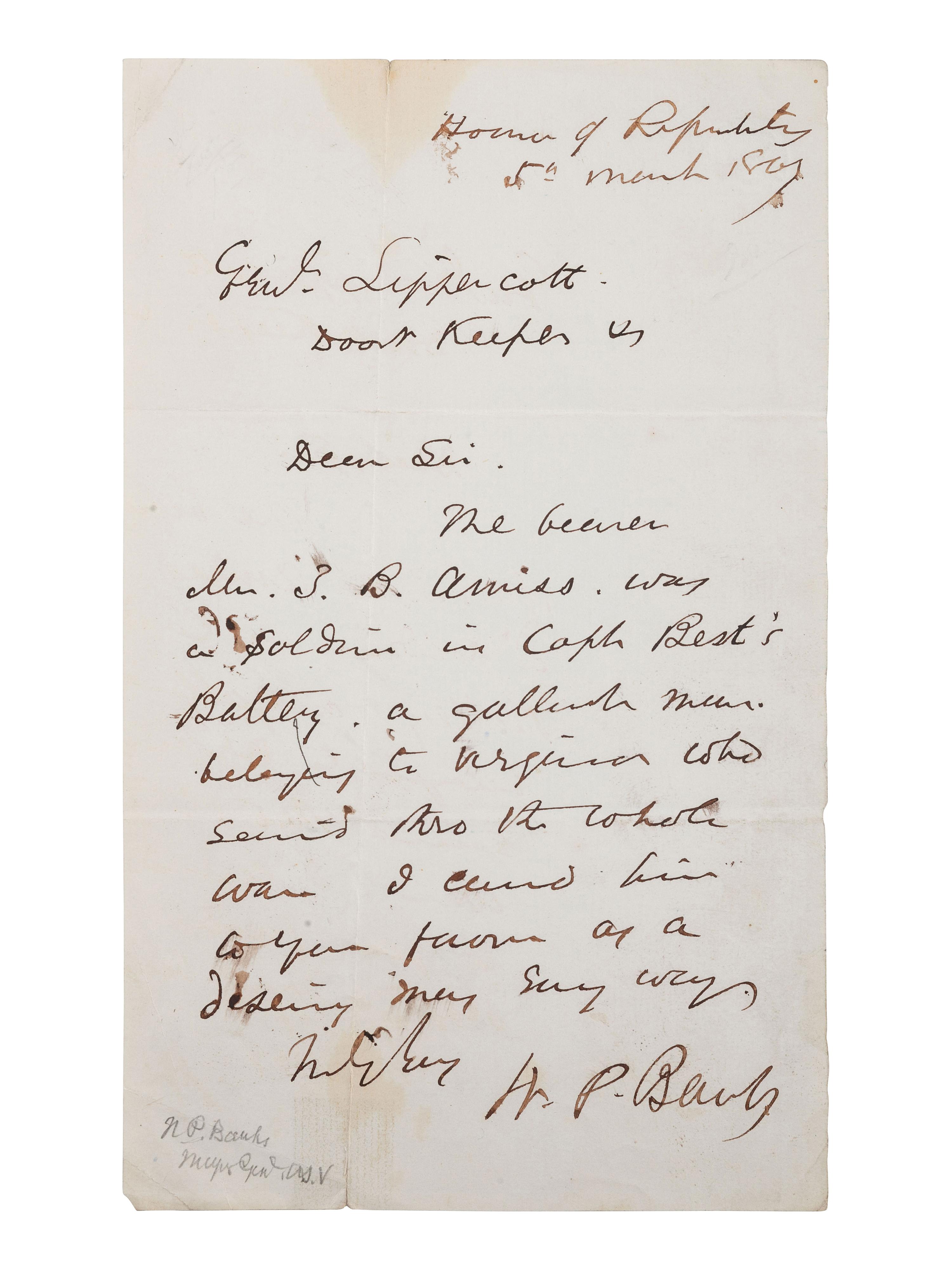 [CIVIL WAR]. BANKS, Nathaniel P. ALS ("N. P. Banks"). "House of Representatives," 5 March 1867[?].