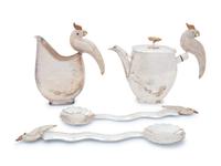 An Emilia Castillo Silver-Plate and Hardstone Mounted Teapot, Pitcher and Two Serving Spoons