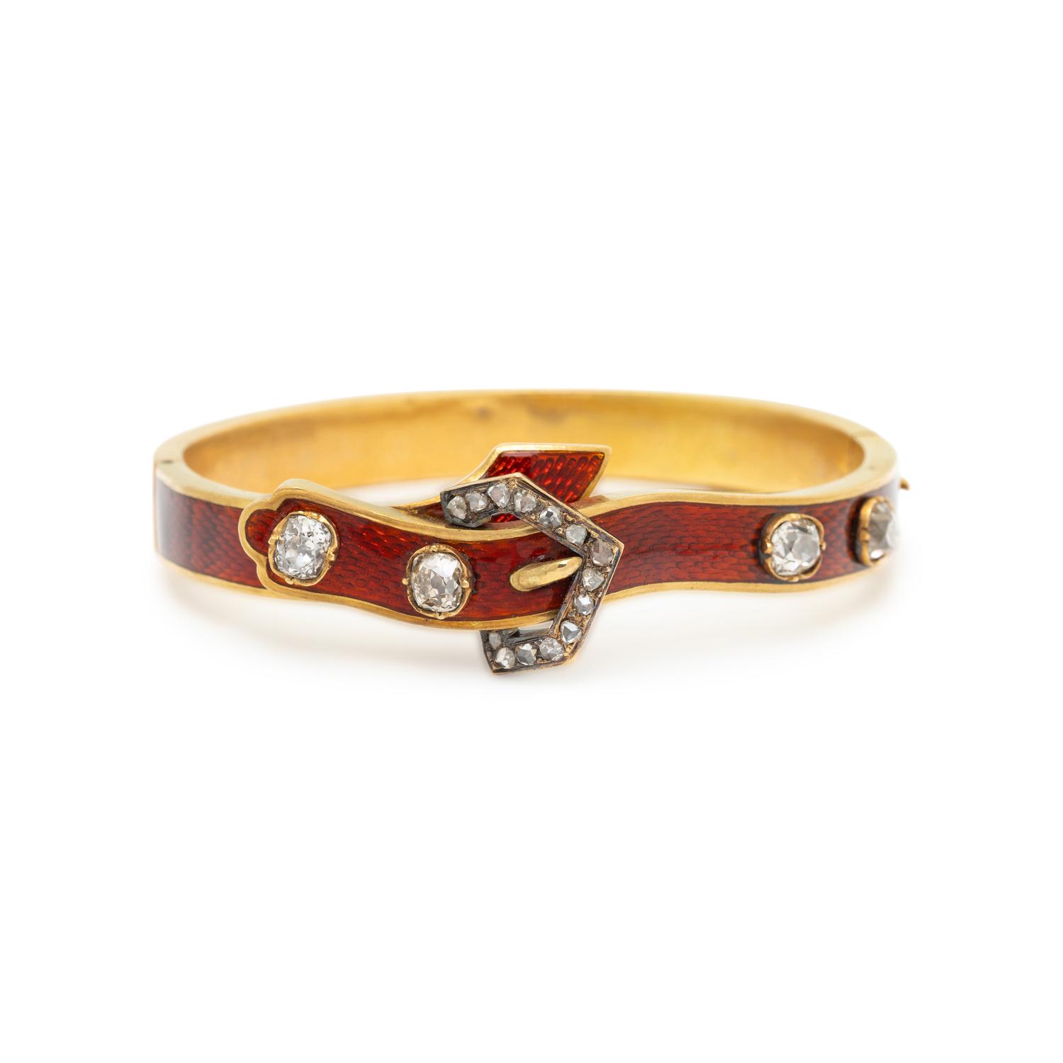 VICTORIAN, DIAMOND, ENAMEL, AND YELLOW GOLD BUCKLE BANGLE BRACELET