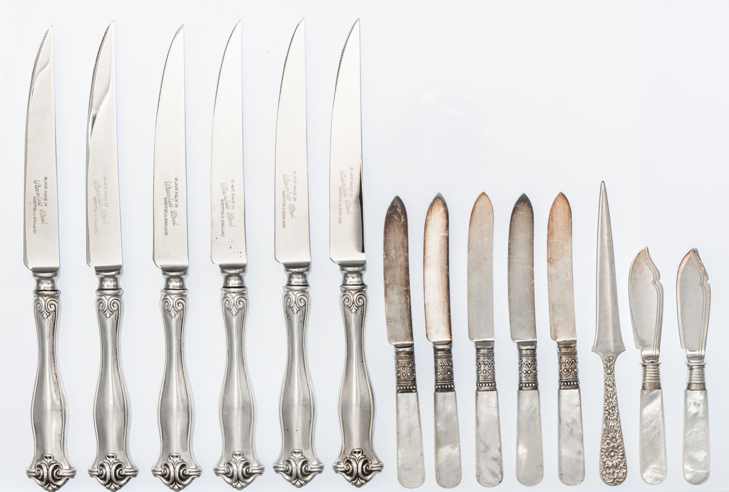 A Collection of Silver and Silver-plate Knives, various makers, comprising 6 silver handled dinner knives, a silver butter pick, 5 moth