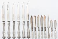 A Collection of Silver and Silver-plate Knives, various makers, comprising 6 silver handled dinner knives, a silver butter pick, 5 moth