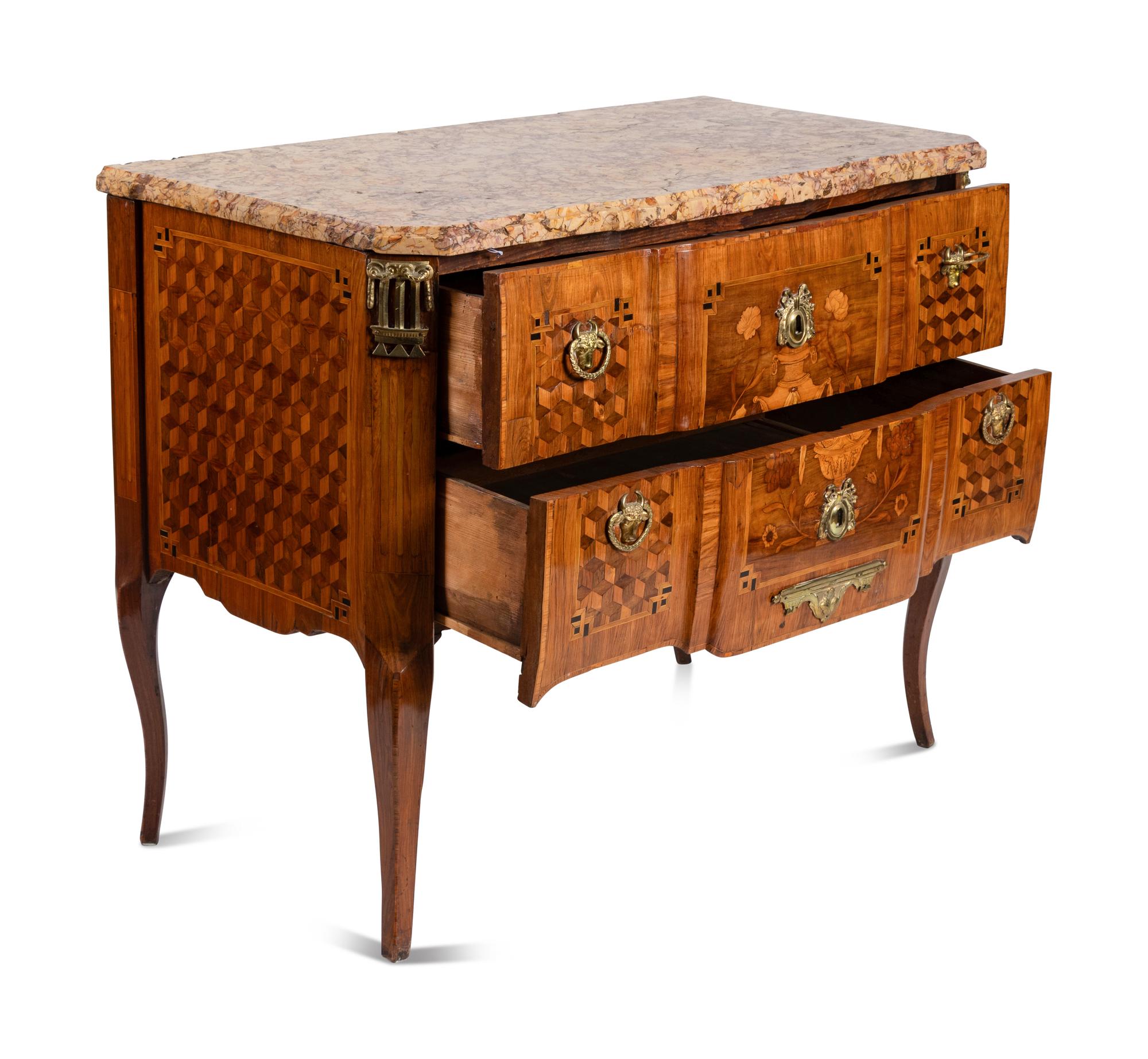 A Swedish Gilt Bronze Mounted Marquetry and Tortosa Brocatello Marble-Top Commode