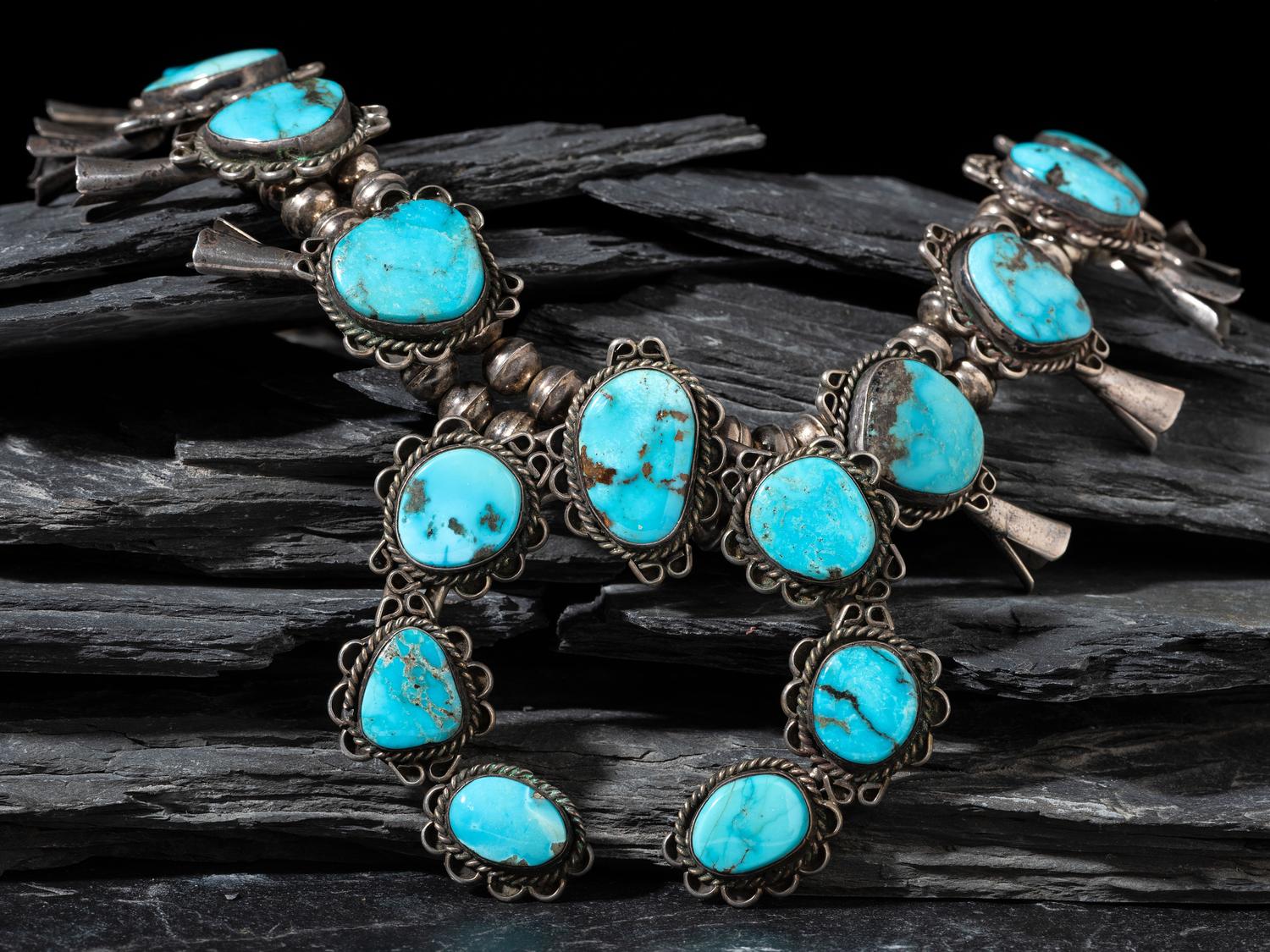 Navajo Silver and Turquoise Squash Blossom Necklace