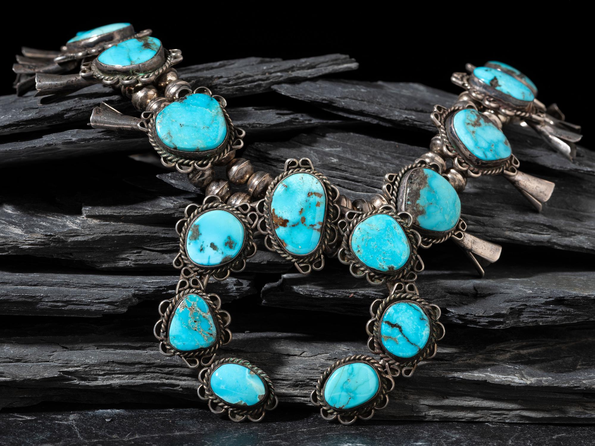 Navajo Silver and Turquoise Squash Blossom Necklace