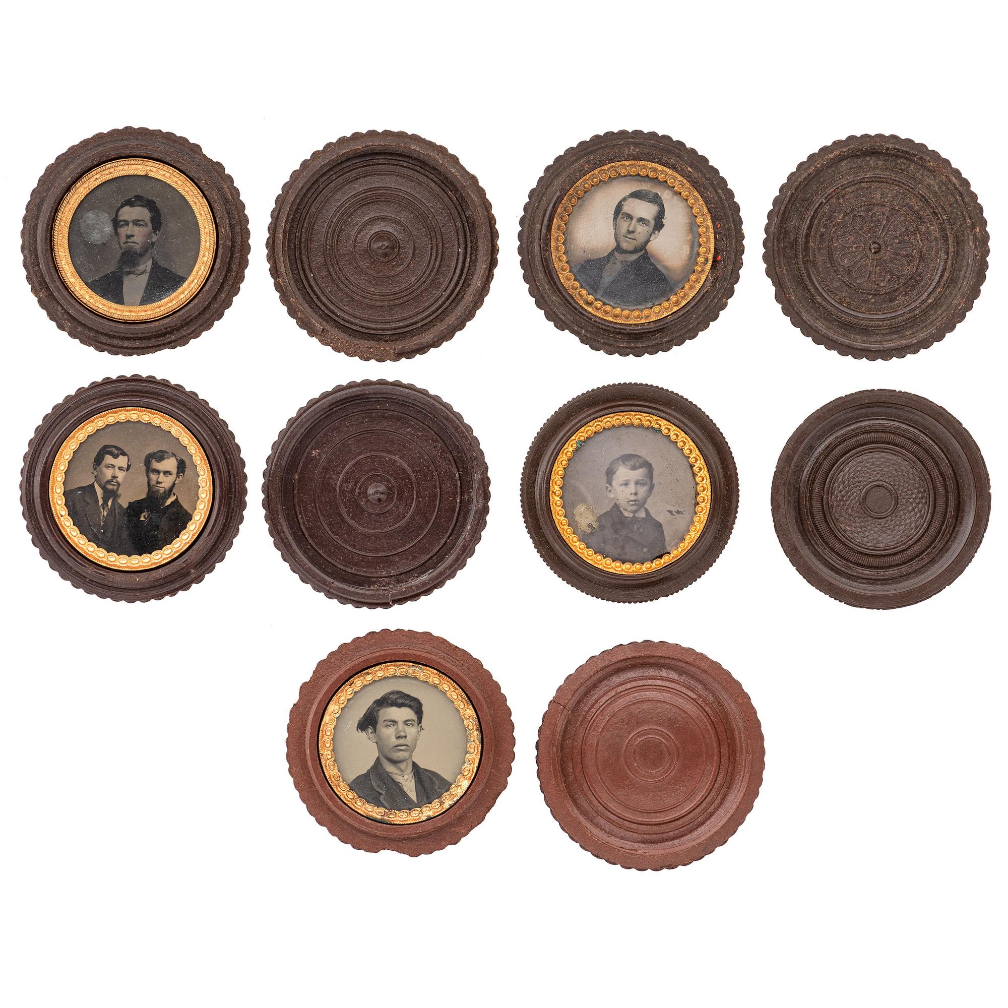 [EARLY PHOTOGRAPHY - UNION CASES]. A group of 10 brown "oreo" union cases containing portraits of male subjects, including:
