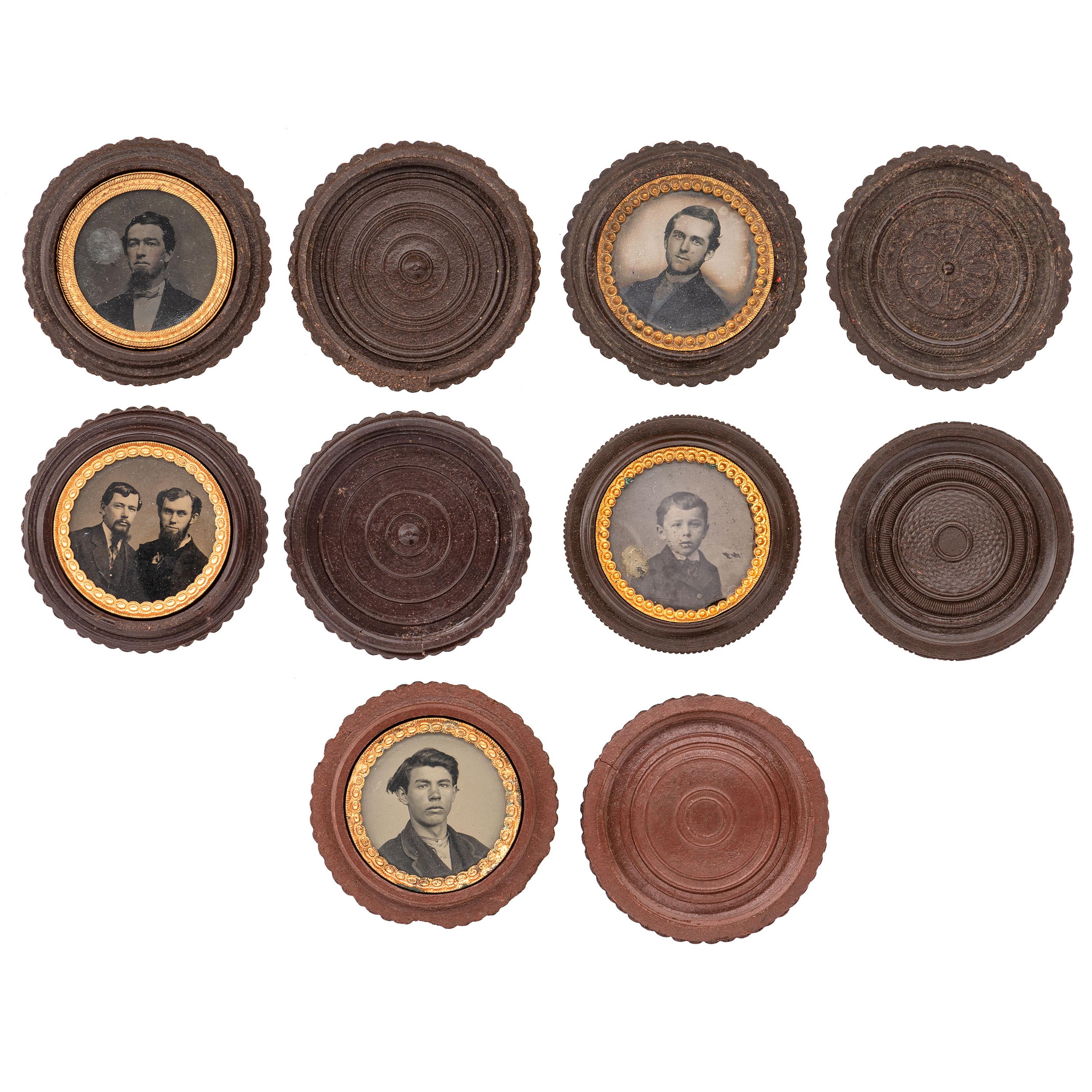 [EARLY PHOTOGRAPHY - UNION CASES]. A group of 10 brown "oreo" union cases containing portraits of male subjects, including:
